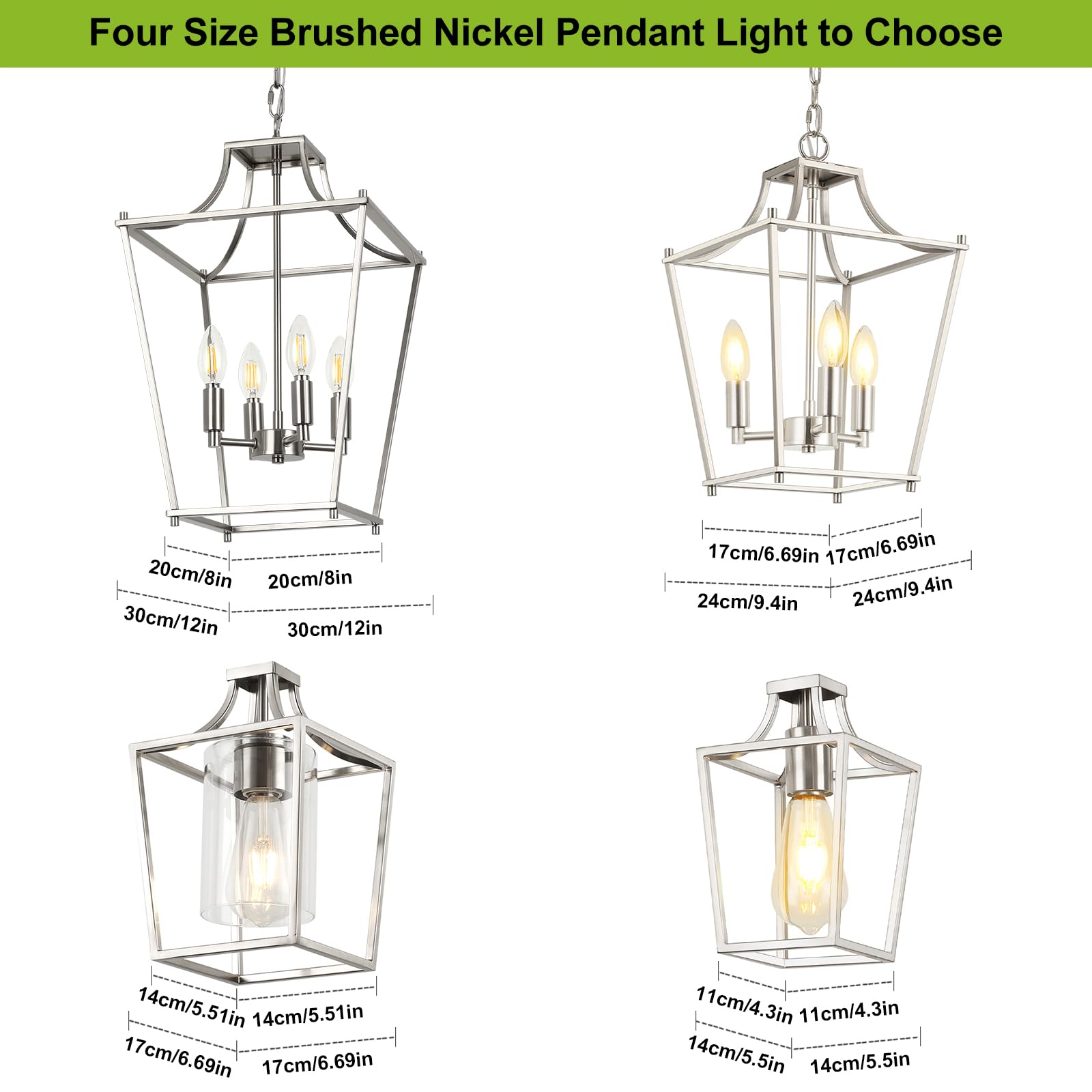 Foucasal Lantern Pendant Lights, 12'' Brushed Nickel Pendant Light Fixtures, 4-Light Adjustable Pendant Lighting For Kitchen Isl