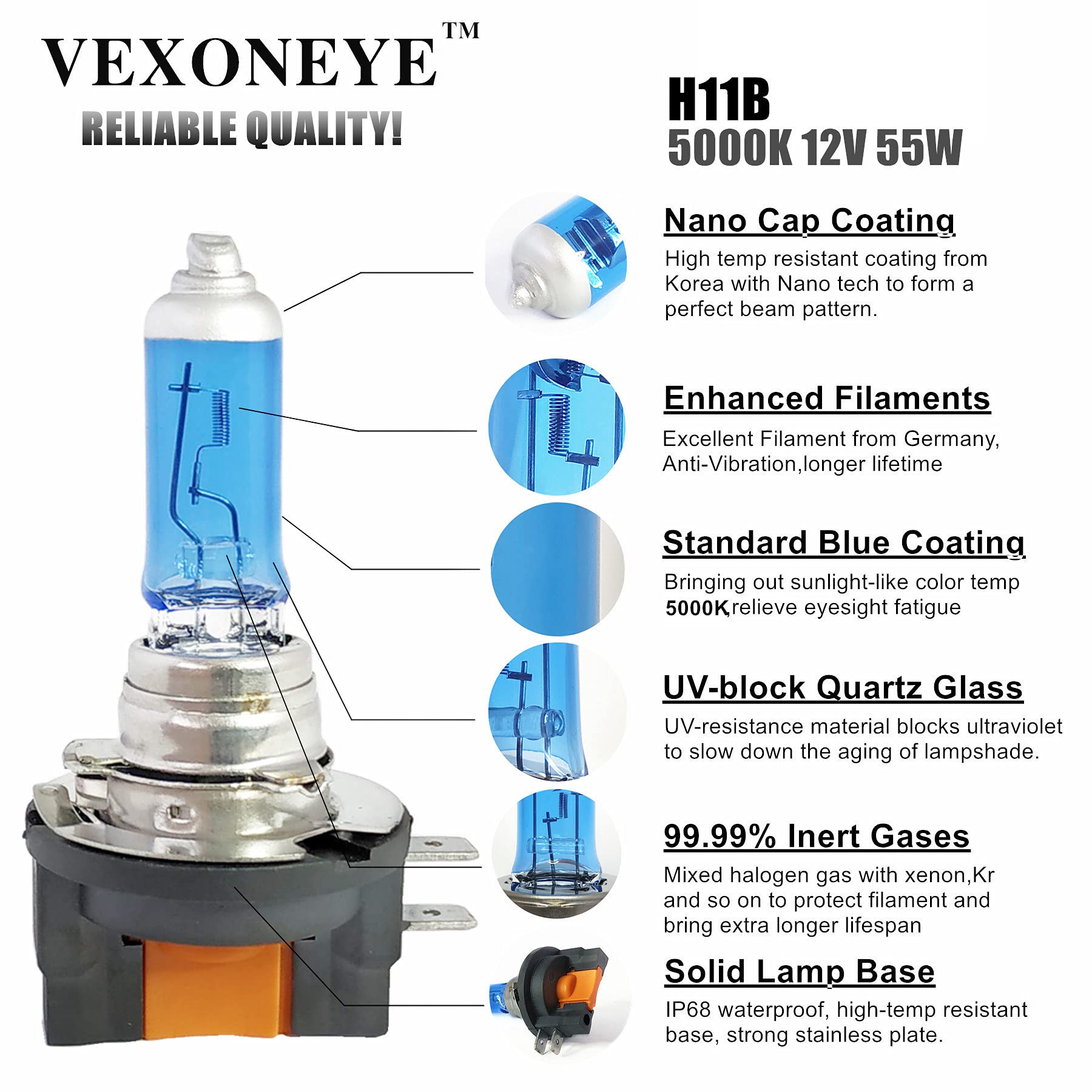 VEXONEYE 4 pack H11B Halogen Headlight Bulb H11B 12V 55W White 5000K 61493 Lights Long Life 2 Pack
