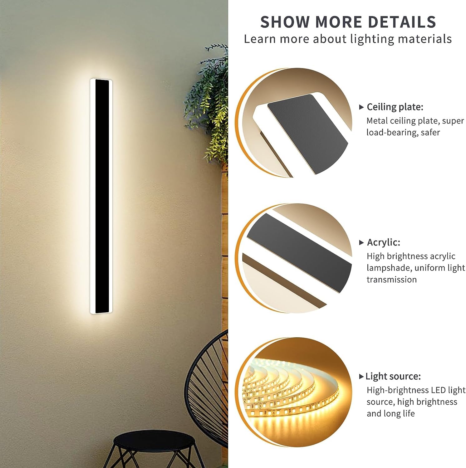 Mikeru Modern Outdoor Wall Light, 3000K-6000K Dimmable Outdoor Wall Sconce 23.6Inch Black Outdoor Exterior Lights With Remote Co