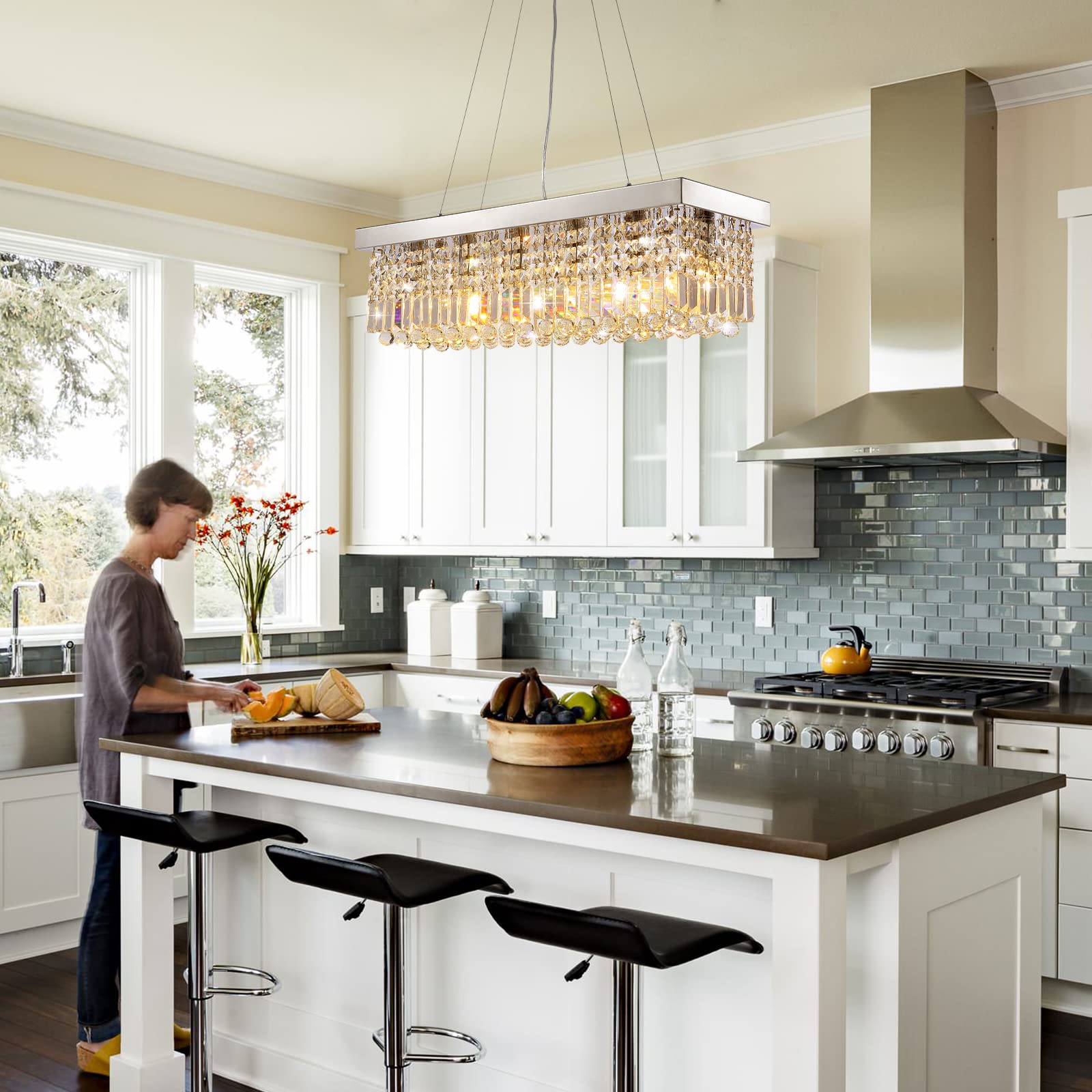 7Pm Modern Rectangle K9 Crystal Chandelier Pendant Light Fixture, Chrome, 31.5X10X10, Ideal For Dining Room & Kitchen Island