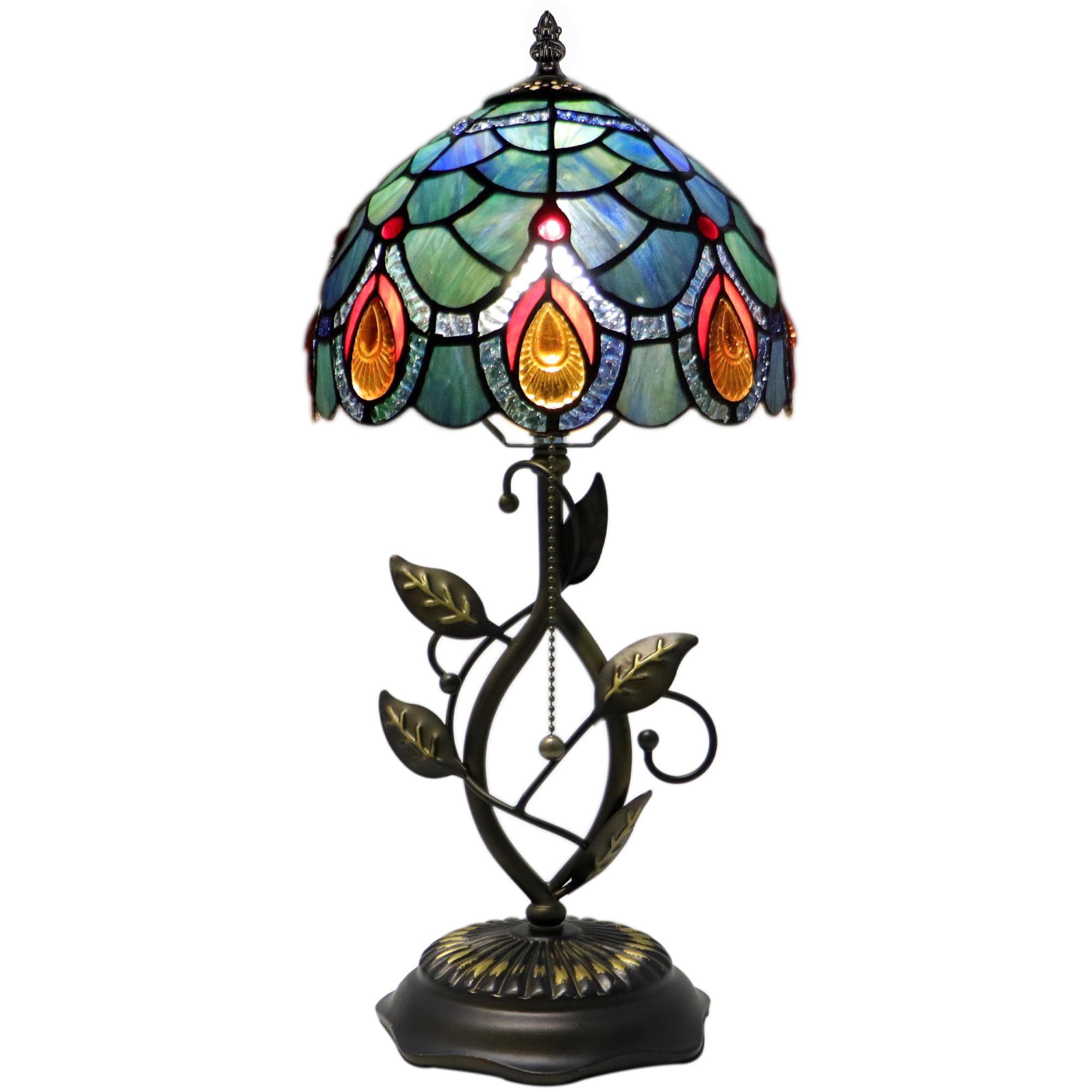 MQYXH Small Tiffany Lamp Sea Blue Peacock Tail Style Stained Glass Table Lamps Desk Bedside Reading Light 8X8X18 Inches with Bronze Metal Leaf Resin Base