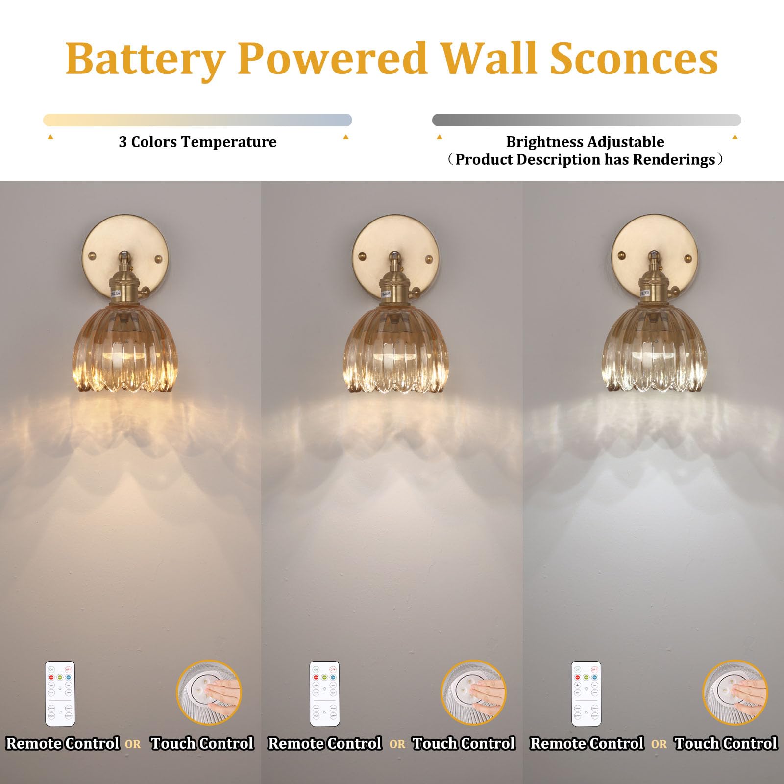 Shenmoyl Vintage Wireless Wall Sconce Set of 2, Amber Glass, Battery Operated, Remote Control, Model 1-9331