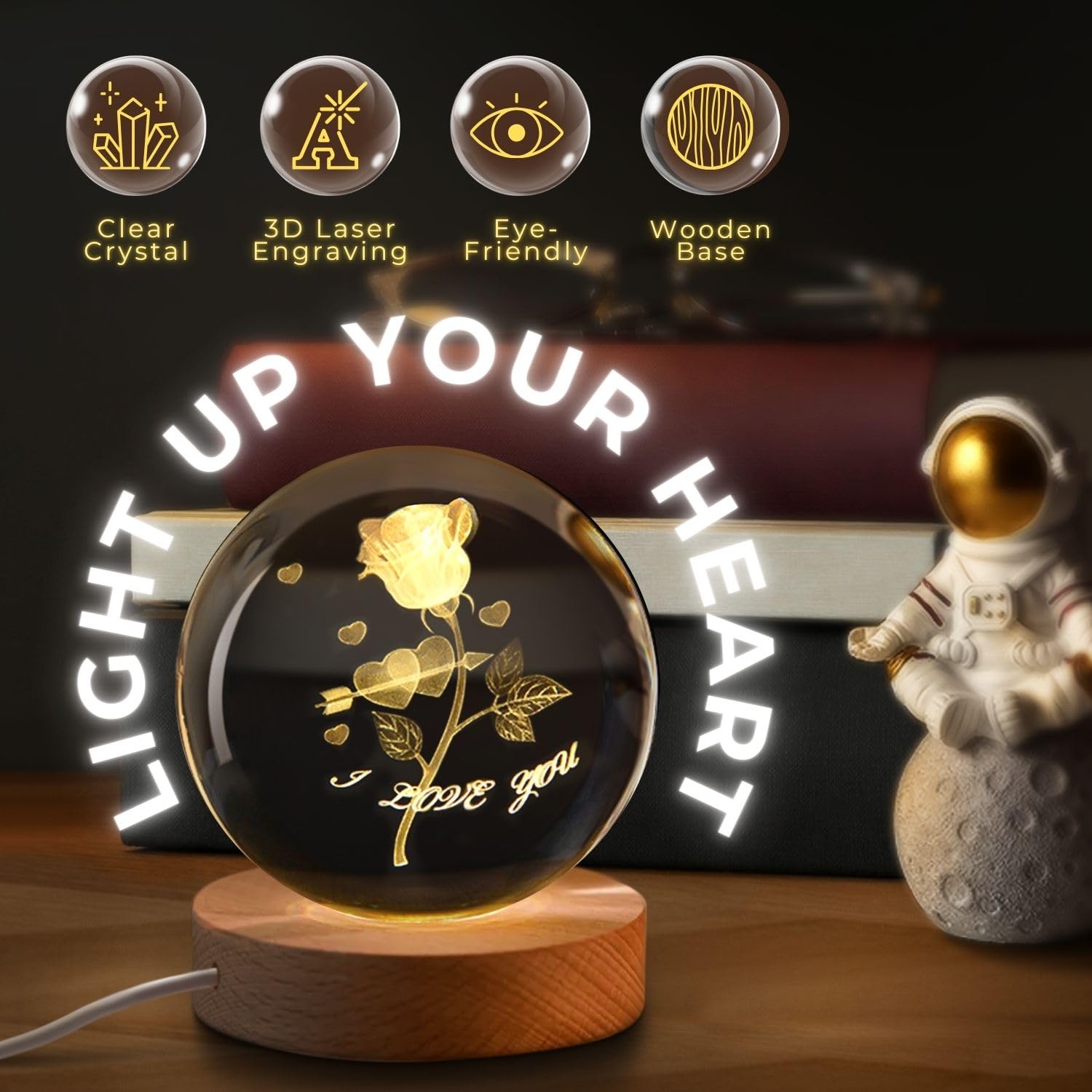 Flexzion 3D Rose Crystal Ball Night Light - Led Light Hologram Glass Lamp With Solid Wood Base, Usb Powered Crystal Ball Lamp Wi