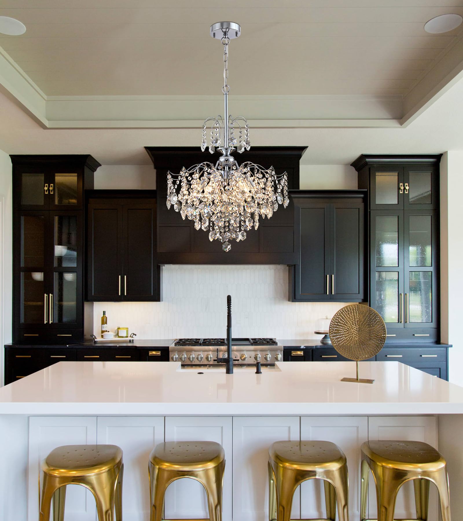 Q&S Modern Crystal Chandelier Pendant Light, 6 Lights, 17 IN, Chrome, Model P2001-6CH, UL Listed for Dining Room, Kitchen, Entryway