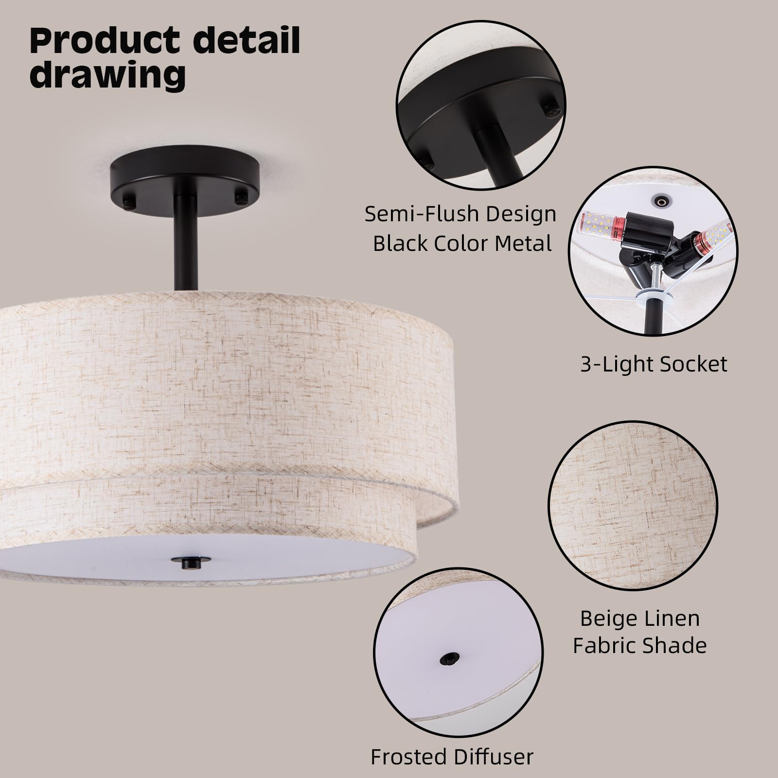 Aufrichting Drum Semi Flush Mount Ceiling Light, 16 Inch 3 Lights Ceiling Light Fixture With 2-Layer Fabric Shade, Black Farmhou