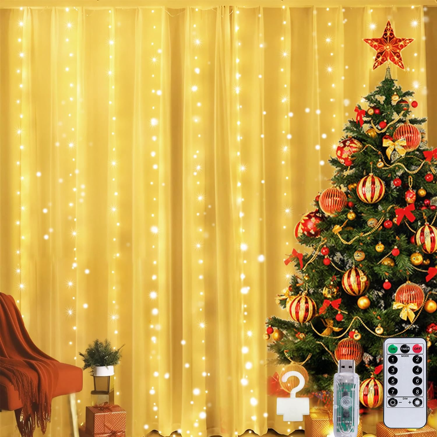 Minetom Curtain Lights, 300 LED Dimmable Fairy Lights, USB Powered, 2 Pack, Warm White, Model JY21CUR300A01