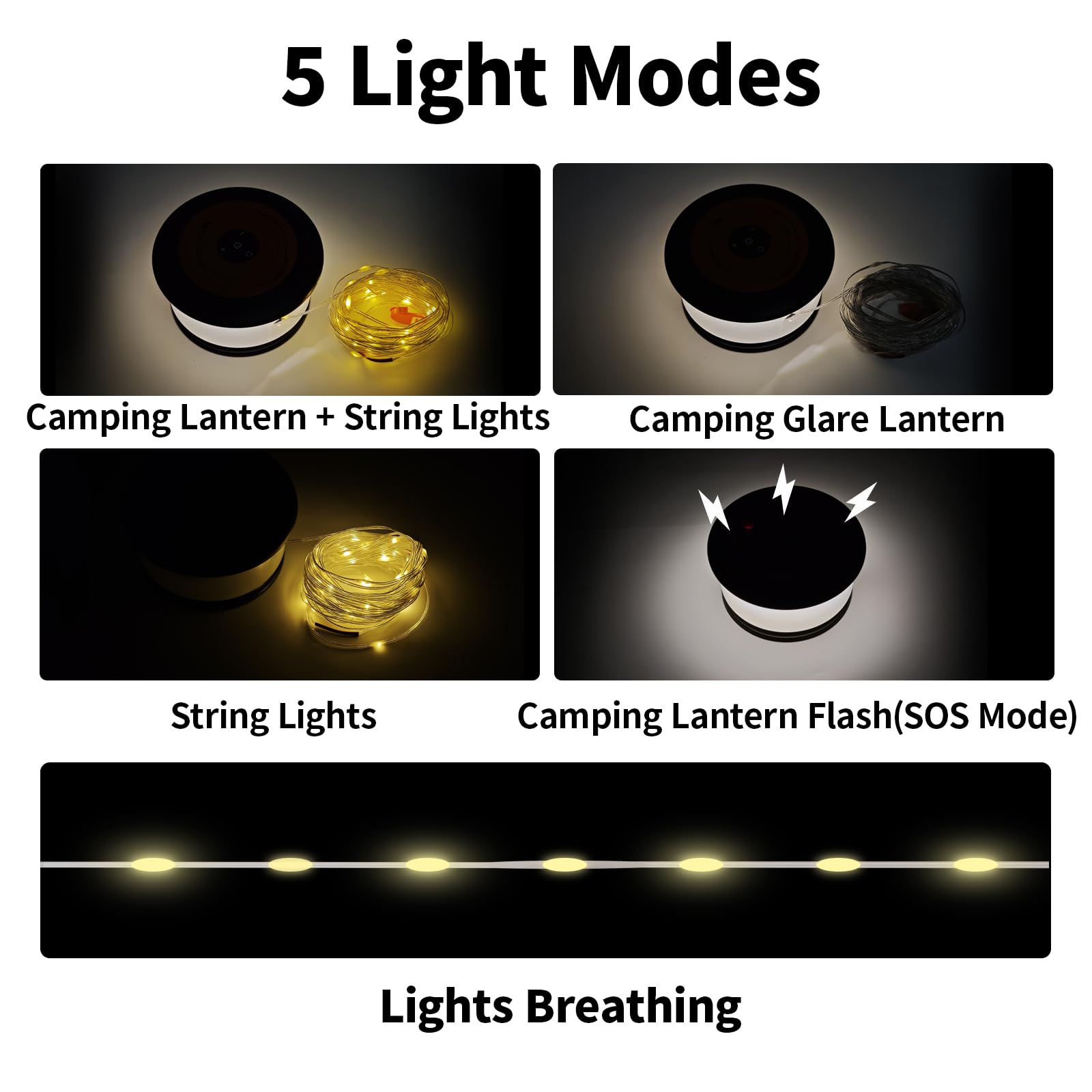Phylosal Camping String Lights - 3 in 1 Outdoor Light with 6 Modes, 32.8FT Rechargeable Tent Lantern, Black & Orange, Model JSK-L26