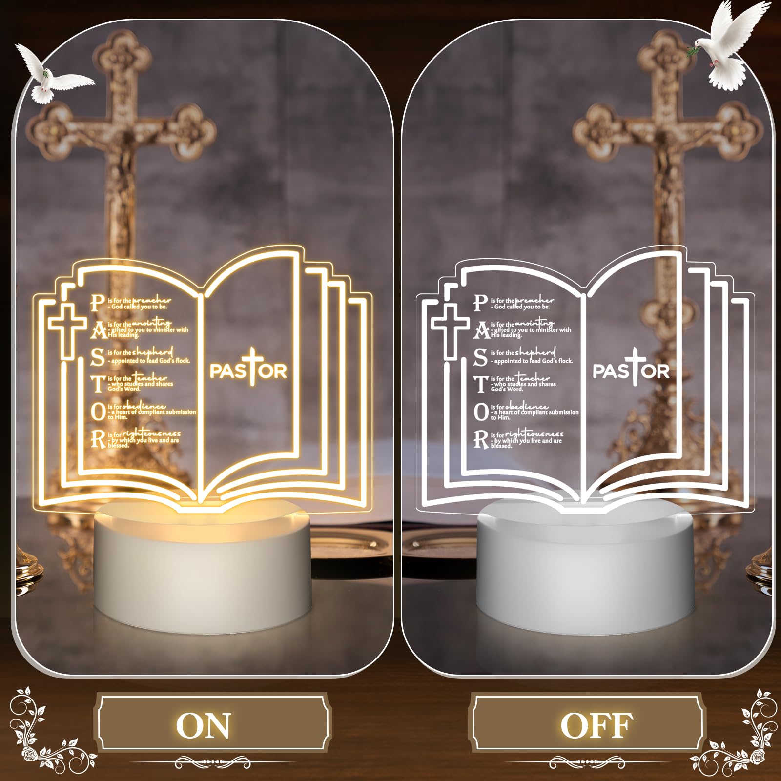 Kosiz 4 Pcs Pastor Appreciation Gift Led Night Light Christmas Christian Gifts Engraved Thank Clergy Sayings Acrylic Lamp With Base Religious Decor Men Women Clergy Staff Retirement (Stylish Pastor)