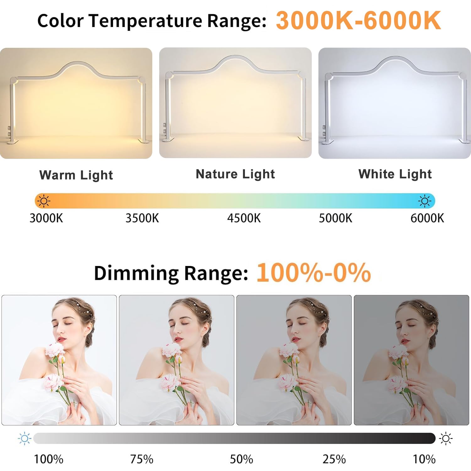Afatnao Nail Tech Lamp - 34in Foldable Large LED Manicure Light, 3 Modes, Aluminum, Gold, Model TJL-HM