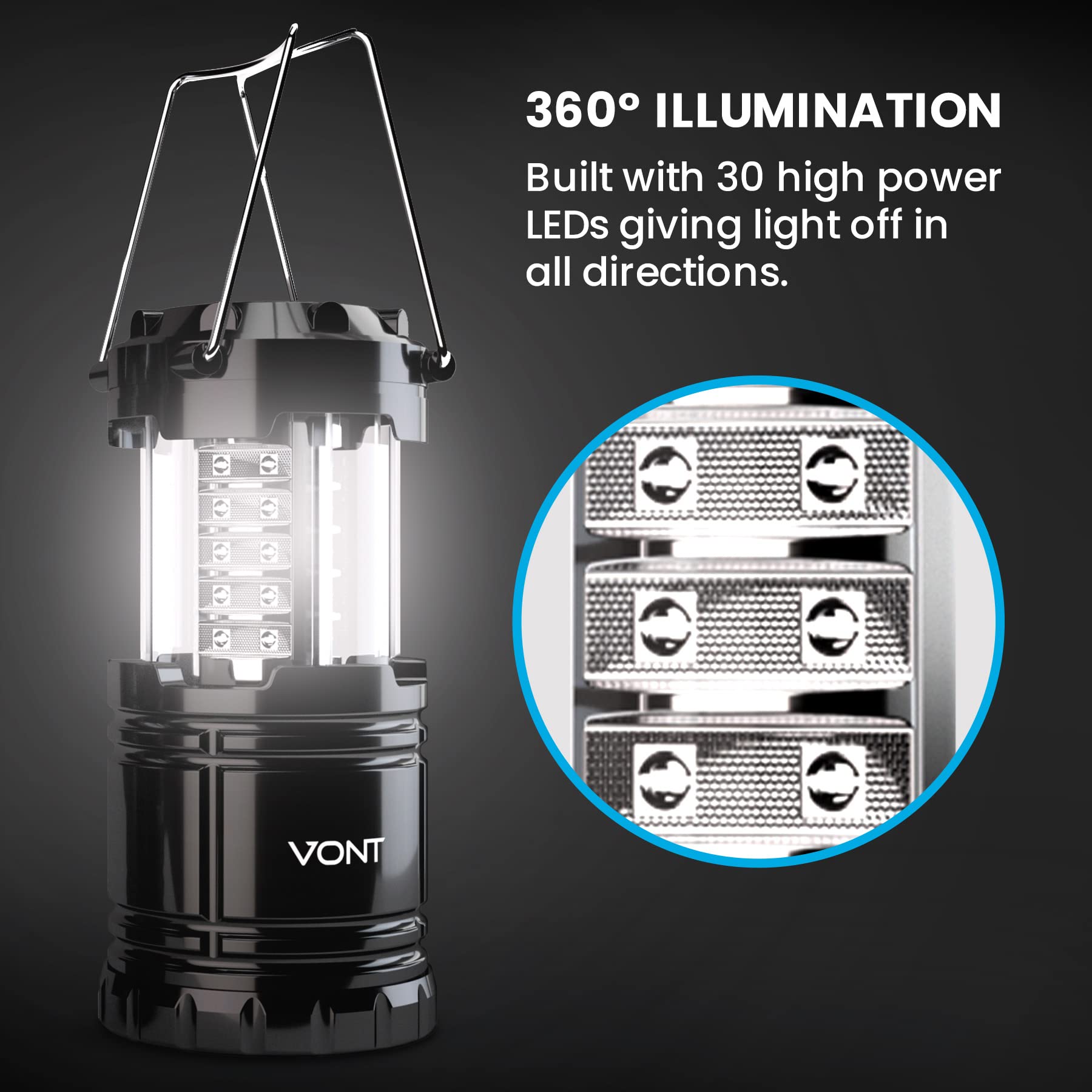 Vont LED Camping Lanterns 2 Pack - Super Bright, Portable, ABS, Black, Model VNT-CL02, Ideal for Emergencies and Outages