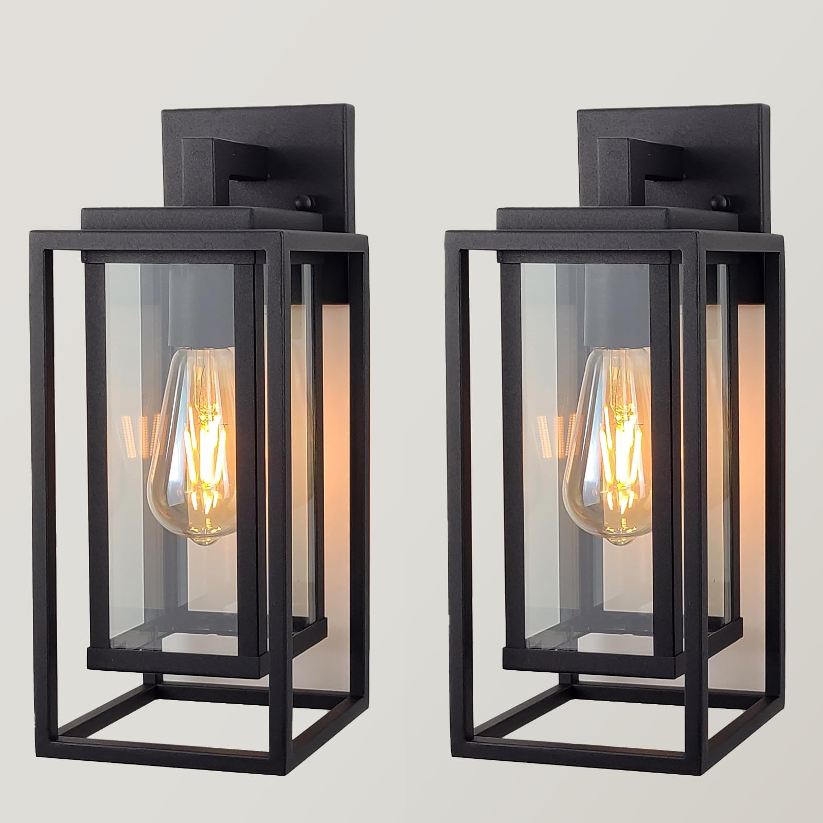 14  Outdoor Wall Light Fixtures Waterproofed Exterior Lantern W/Sturdy Rectangular Double Cage In Satin Black&Clear Tempered Glass Sconce Mounted For House Patio Front door Porch Garage Lighting 2Pack