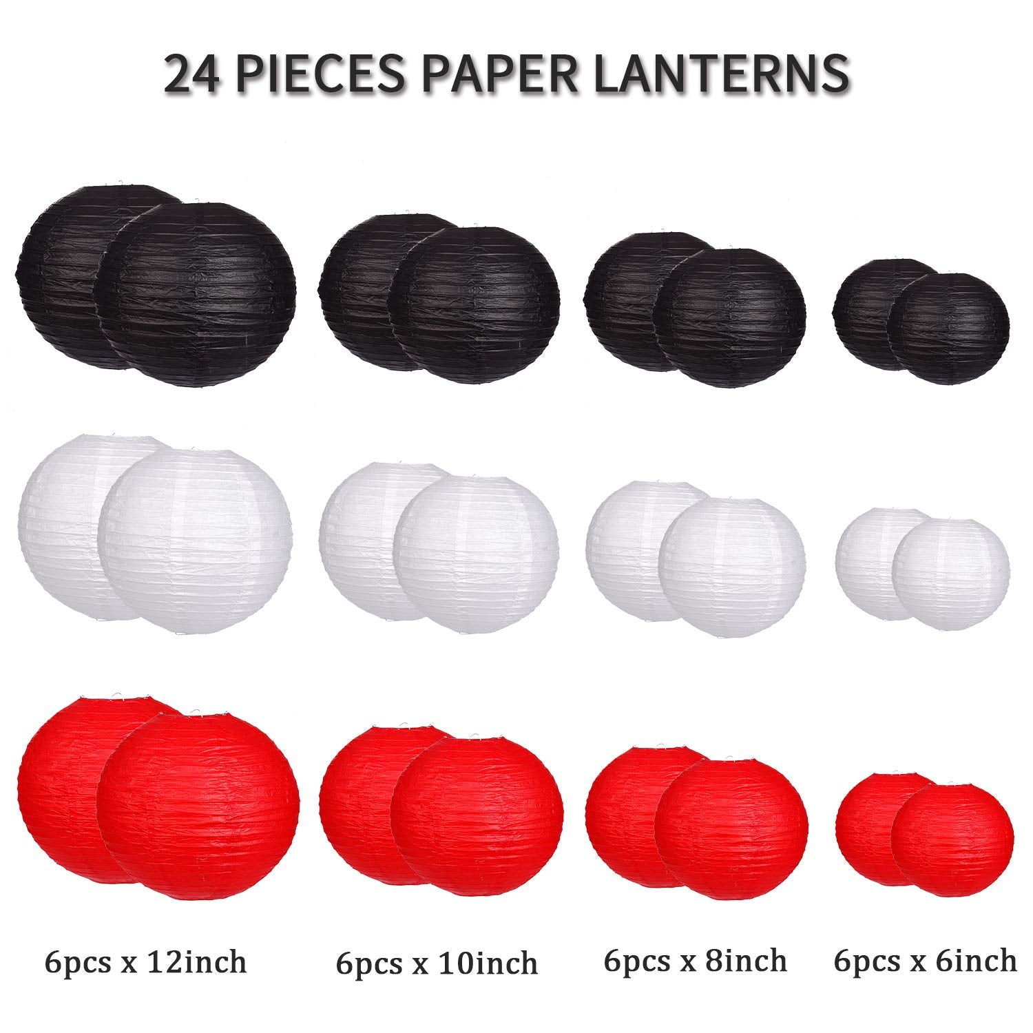 zilue 24pcs Round Paper Lanterns - Black/Red - Paper Decoration for Wedding, Birthday, Baby Showers - Model PL100303
