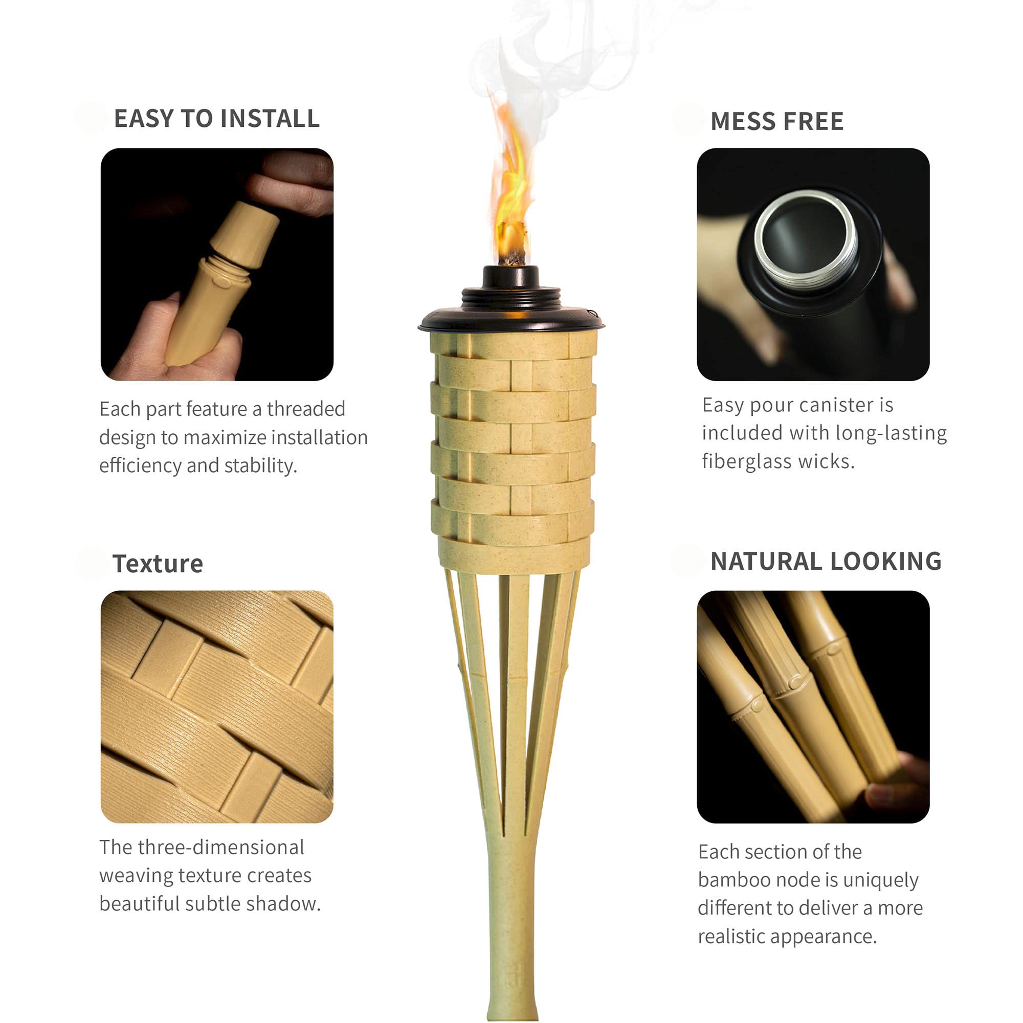 Onethatch Faux Bamboo Outdoor Torches (Sundried Color, 4Pack); Large Island Citronella Torch For Garden Lighting, Luau Party, An