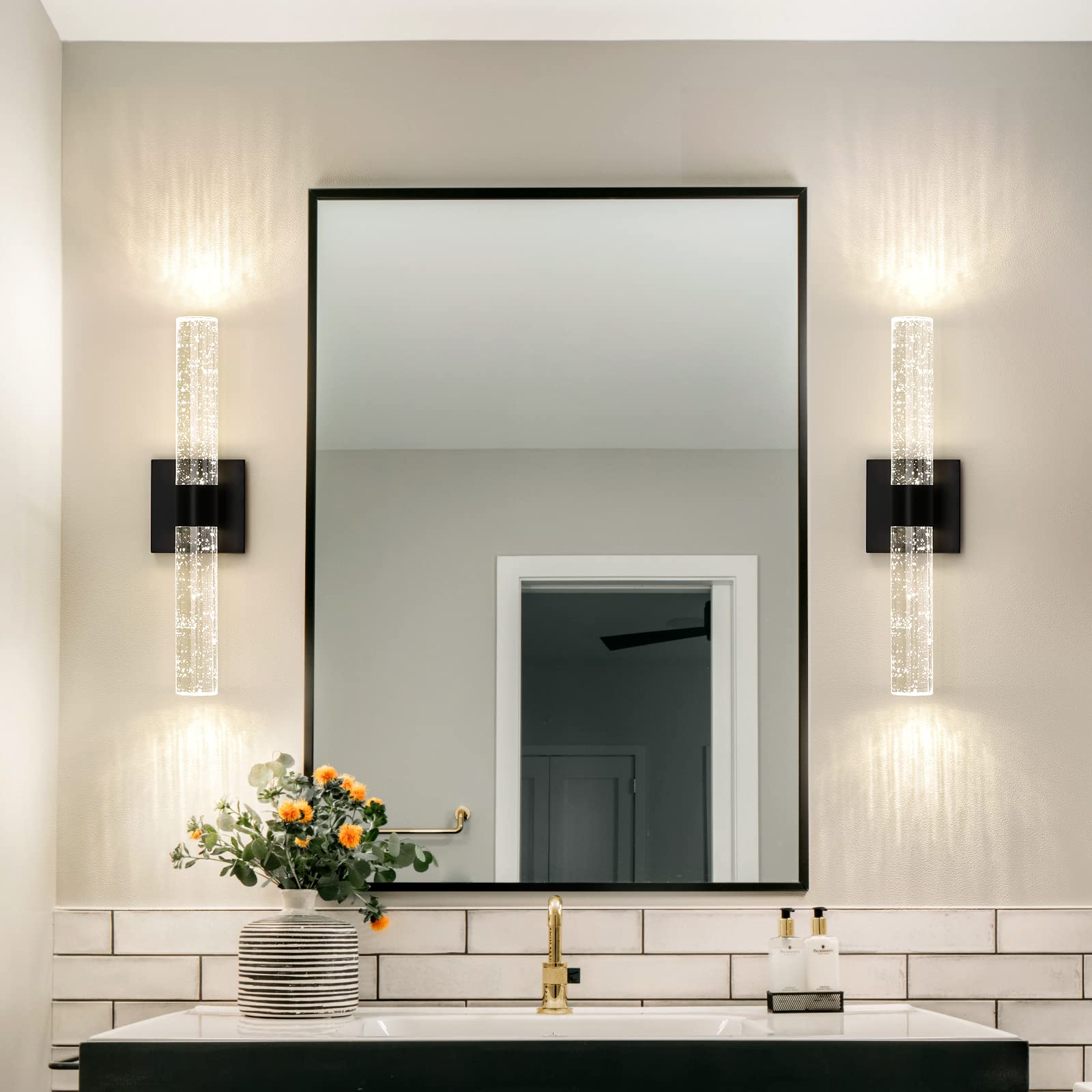 CCYCOL Black LED Wall Sconce Set of 2, 18 Inch Dimmable Crystal Lighting for Indoor Vanity, Model 8045WL-12BK-2P-US