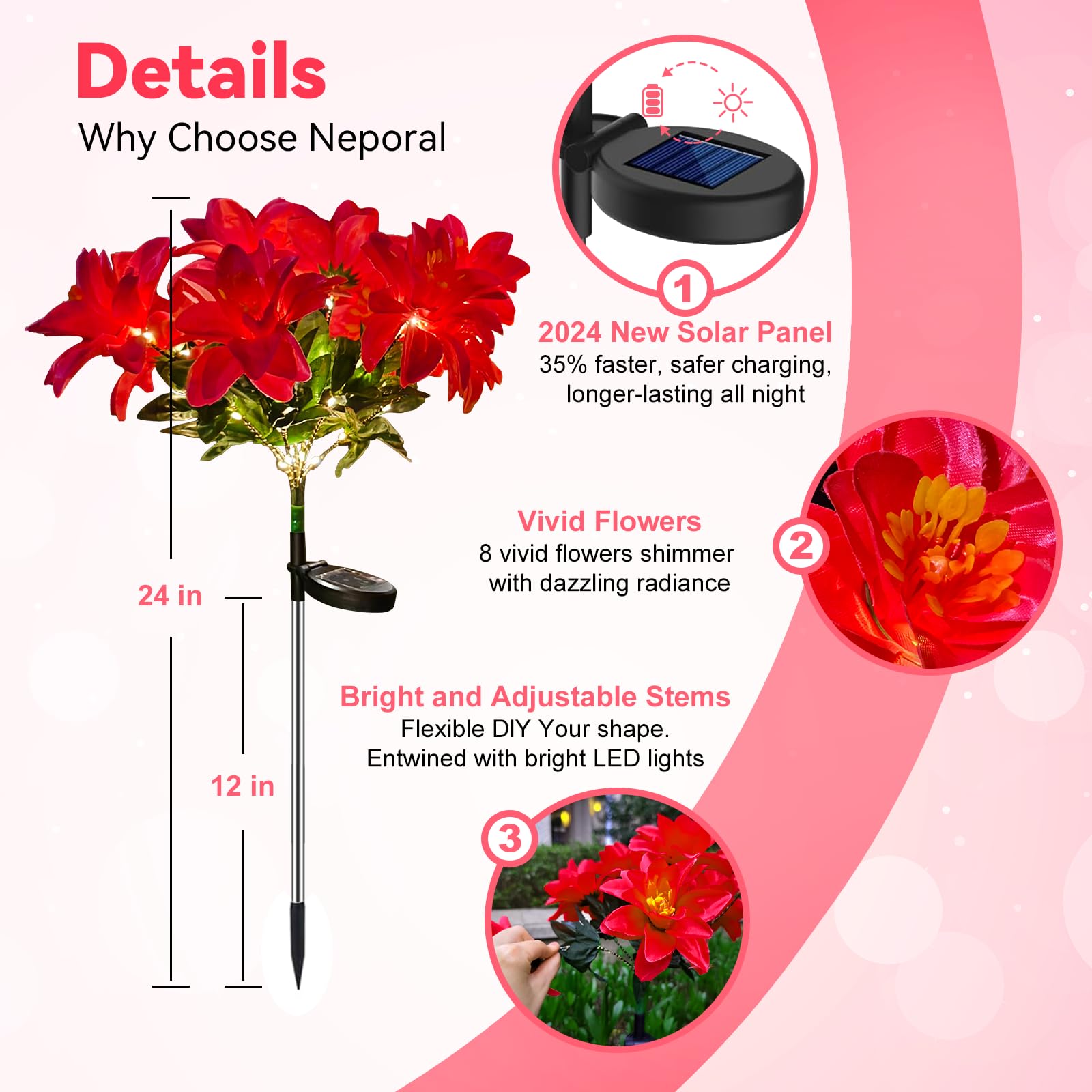 Neporal Solar Flowers Outdoor Waterproof Pink, 4PK 7-Stem Garden Solar Lights Decorative, 2 Lighting Modes, Solar Powered Garden