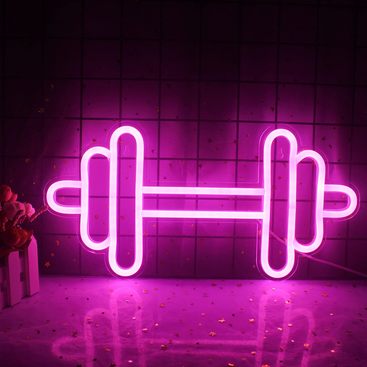 LUCUNSTAR Gym Neon Sign, Barbell Dumbbell Shaped, Small, Acrylic, Pink, Model NS-DC-011