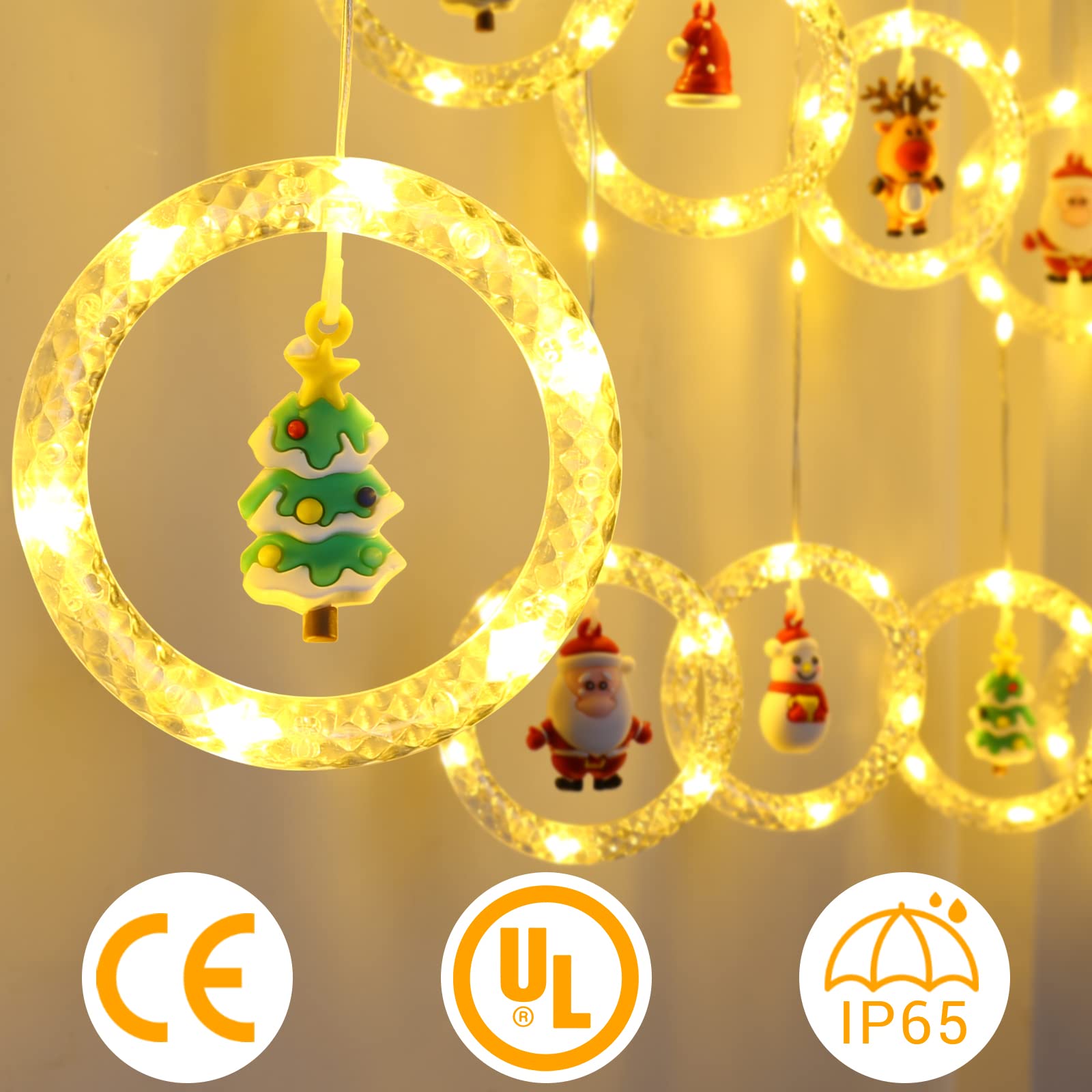 Quntis Christmas Window Curtain Lights 9.8Ft*2.3Ft Led Hanging Ring Lights With Ornament Toys - 8 Modes Plug In Christmas Decor Fairy Lights Backdrop For Bedroom Wedding Party Wall, Warm White