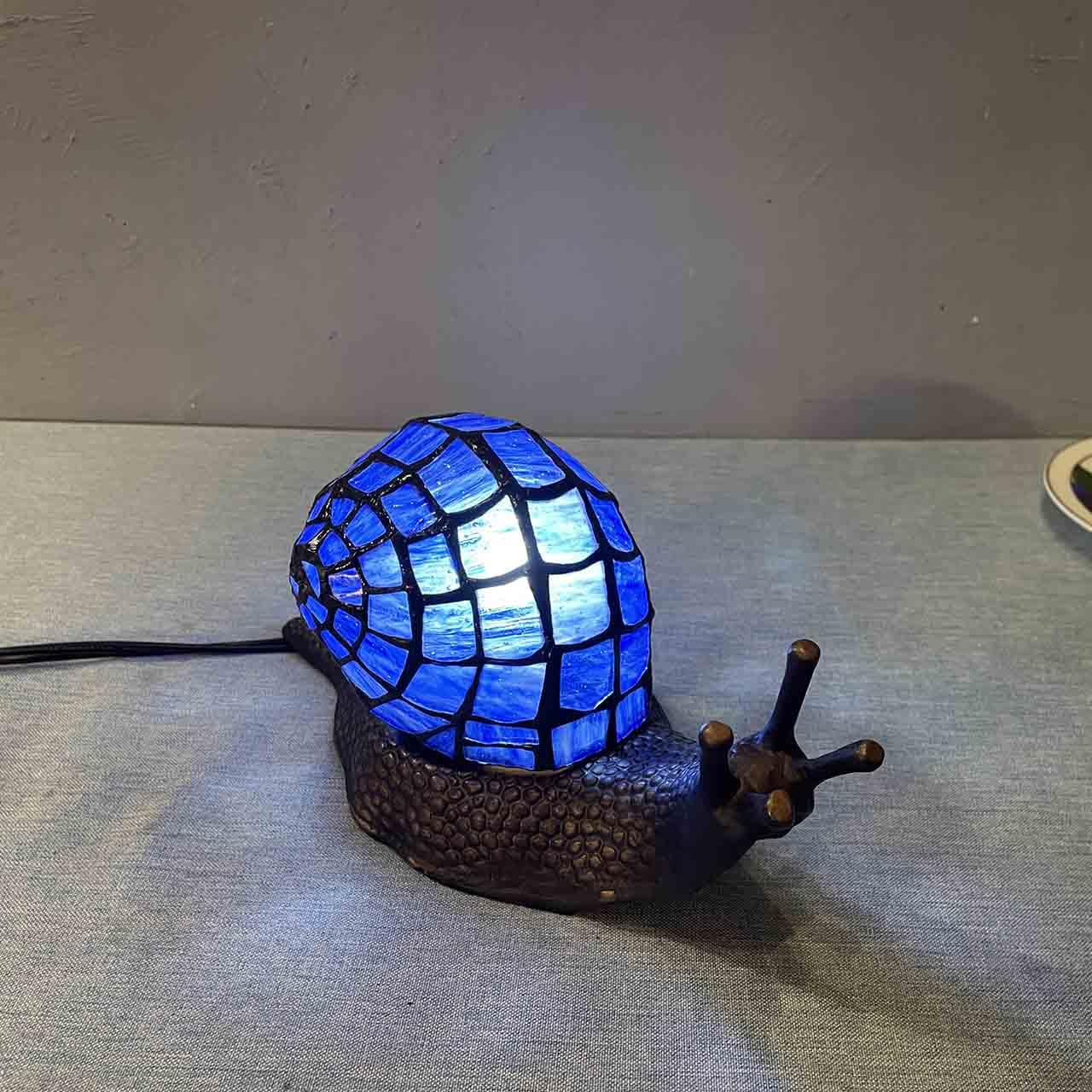 Bieye L10983 Land Snail Tiffany Style Stained Glass Accent Table Lamp For Home Decoration (Blue, 10'' D X 5'' W X 5'' H)