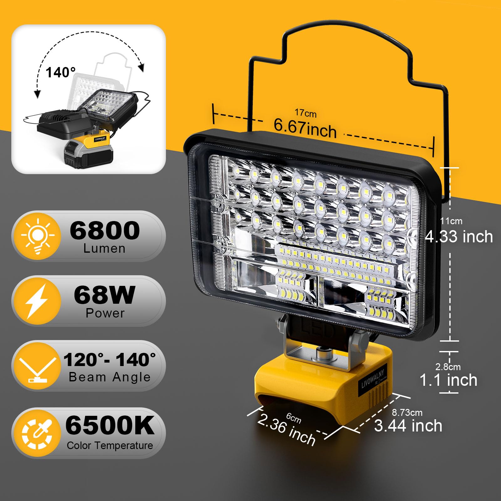 Dewalt 20V Max Led Work Light - Livowalny 68W 6800Lm 5'' Battery Light With Usb & Type-C, Low Voltage Protection & 140 Pivoting
