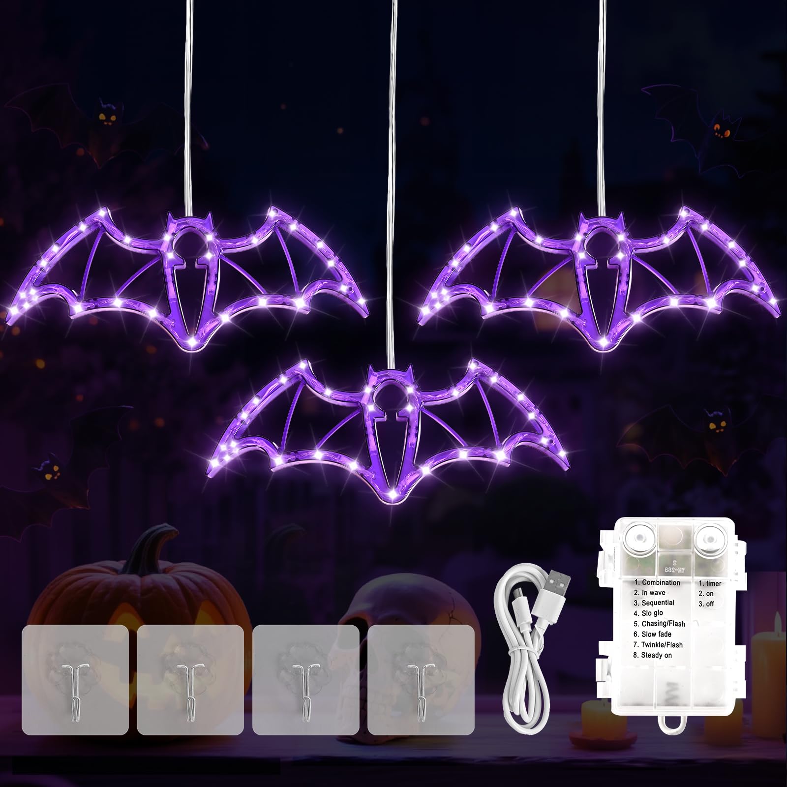 Hopolon Halloween Decorations Lights 2Ft 36Led Halloween Purple Bat Windows Lights Battery/Usb Operated String Light  Ip44 Waterproof  8Mode&Timer For Indoor Outdoor Holiday Home Party Decor(4Hooks)