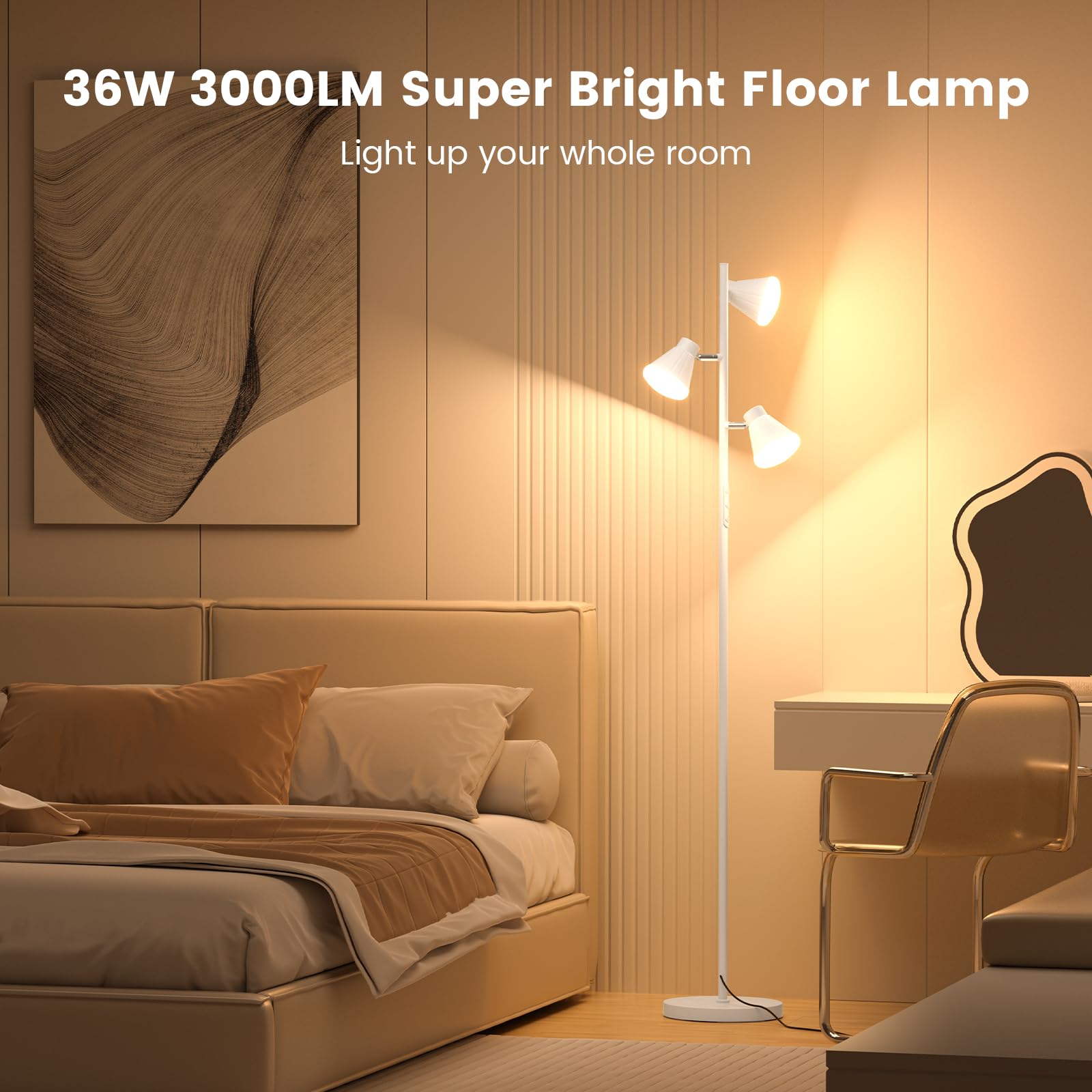 SIBRILLE 36W LED Floor Lamp, Dimmable, Remote & Touch Control, 4 Color Temperatures, Model LB-8058, White