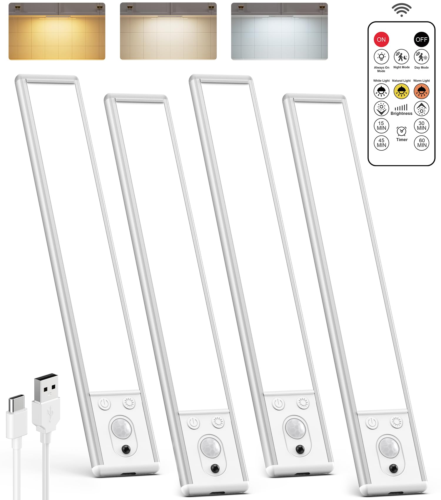 LENOMA Under Cabinet Lighting Wireless Motion Sensor, Dimmable, Rechargeable, 2200mAh, 10 Inch, White, 4 Pack, Model LTM-CGD-03
