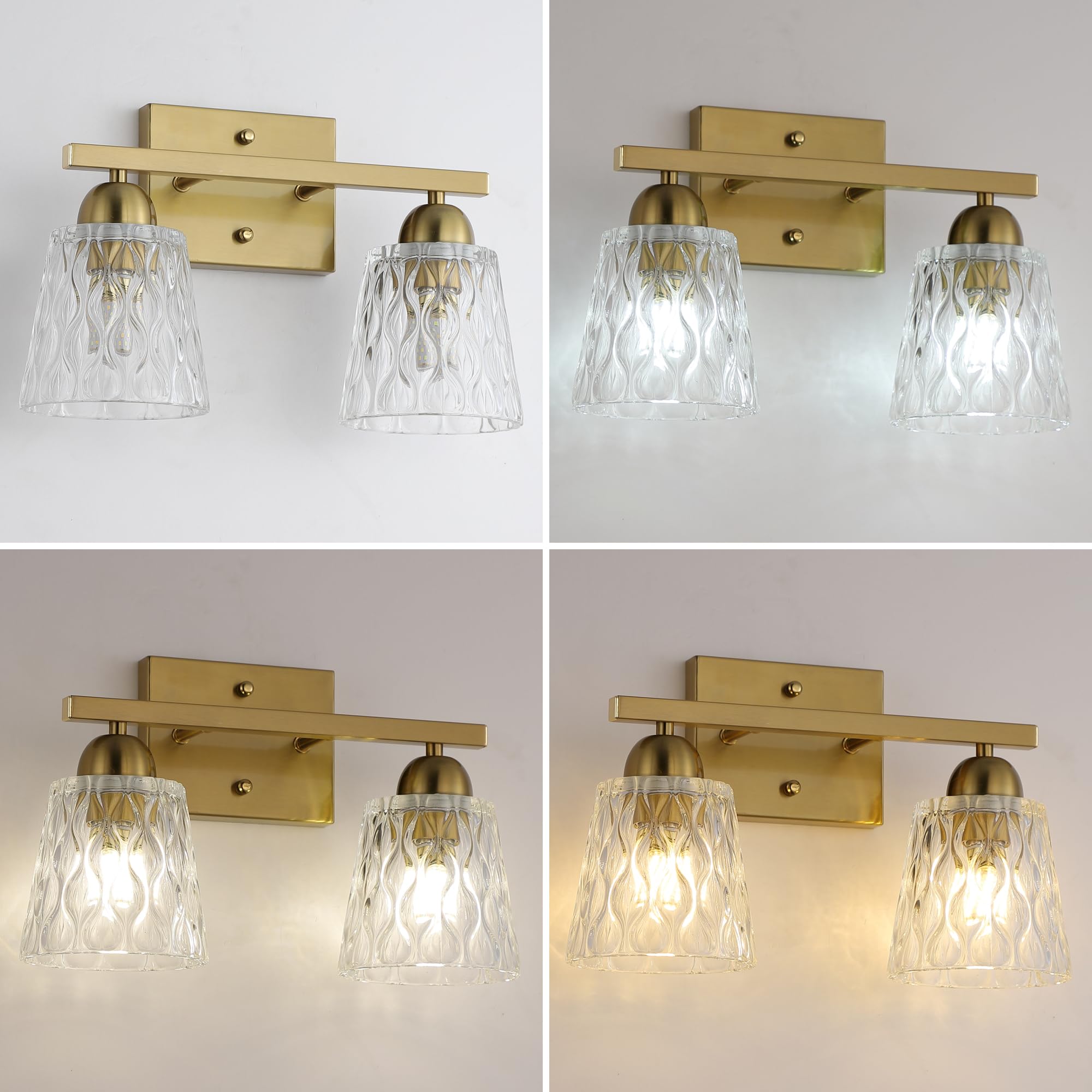 Mecgirn 2 Light Bathroom Vanity Light, Brushed Gold Stainless Steel Fixtures with Textured Glass Shades, Model B0006-2-Gold