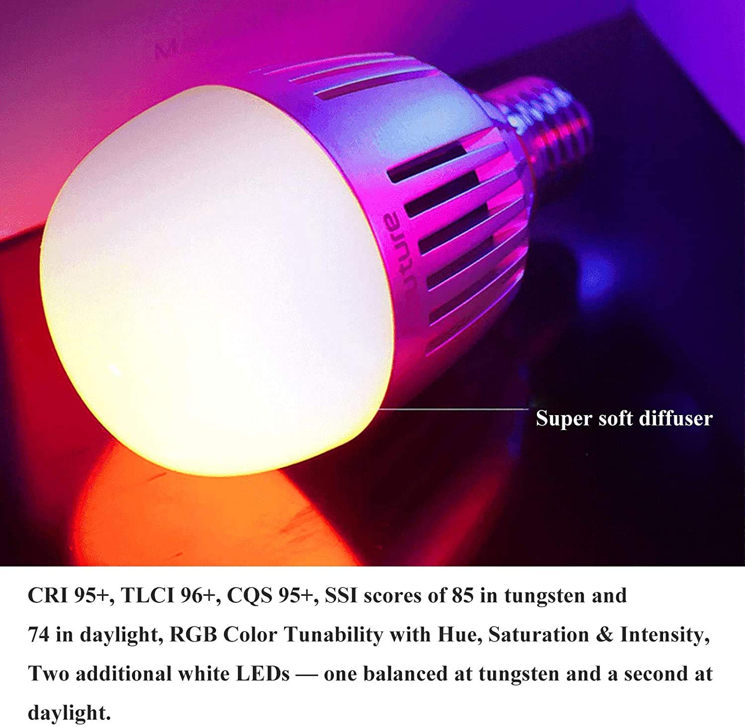 Aputure Accent B7C Smart Led Light Bulbs 7W Rgbww,Tlci 96+ Cri 95+ 2,000K-10,000K Adjustable 0-100% Stepless Dimming Cct/Hsi/Fx Mode App Control Built-In Battery/Ac Power Via E26/E27 Socket