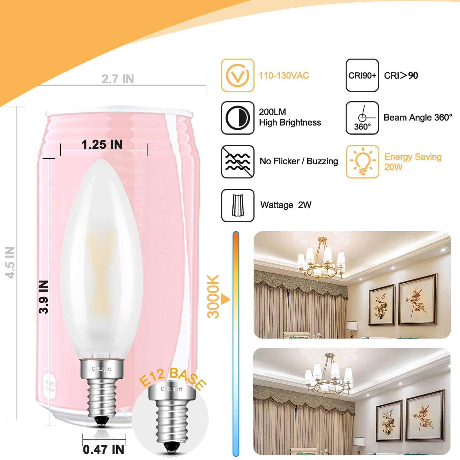 Crlight 2W Led Candelabra Bulbs, 25W Equivalent, 3000K Soft White, Dimmable,