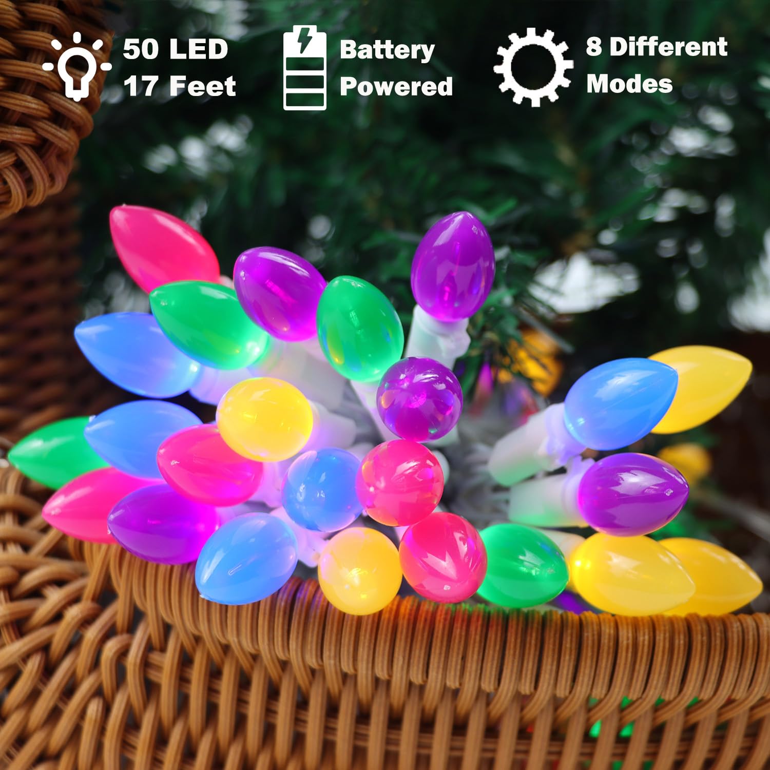HUGSVIK Easter String Lights, 50 LED 17FT Battery Operated, 8 Modes, Multicolor, Indoor/Outdoor Decor for Home and Patio