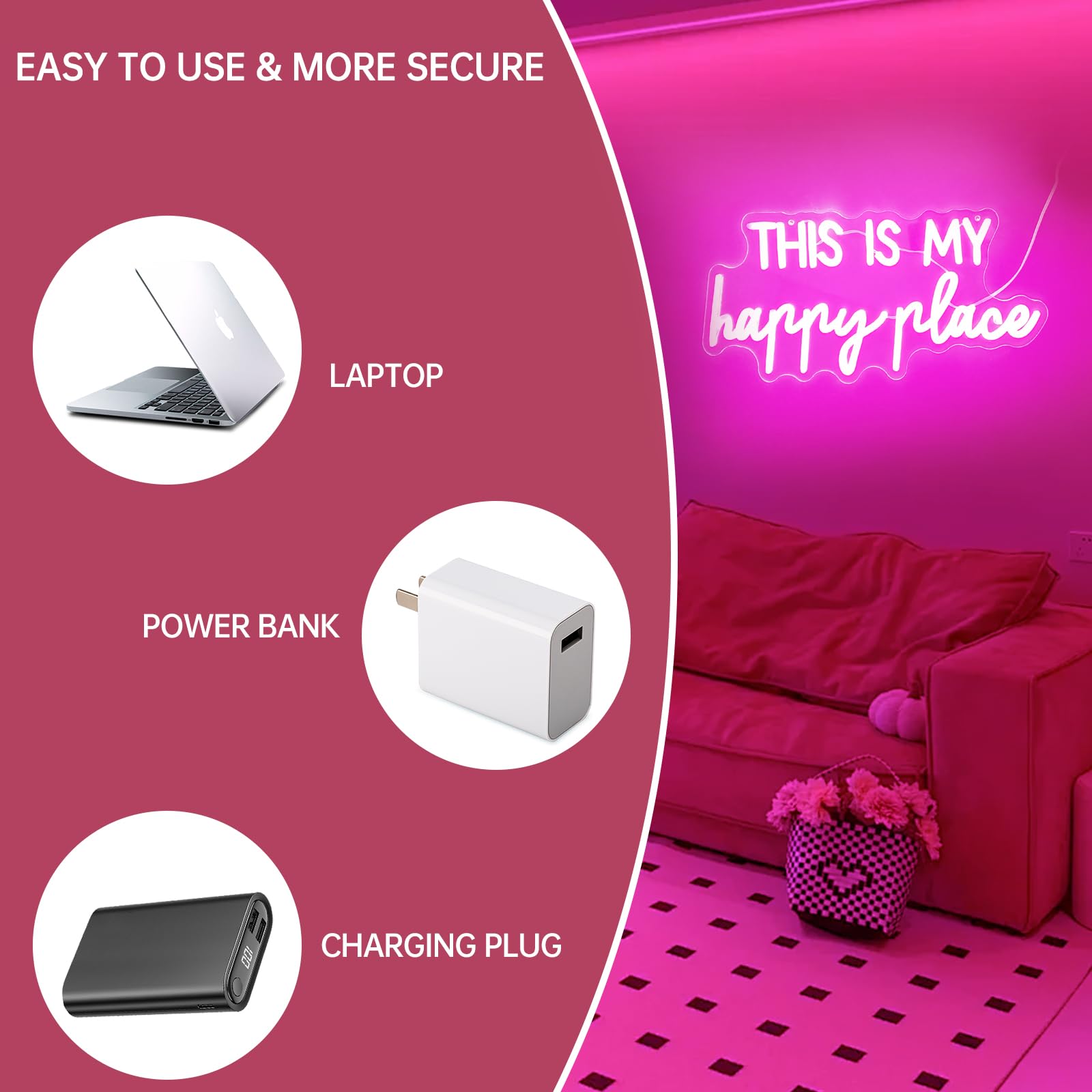 Adnkwolivt Neon Sign - This Is My Happy Place, Dimmable LED Light, 16x9 inches, Pink, Model LED-This is my happy place pink