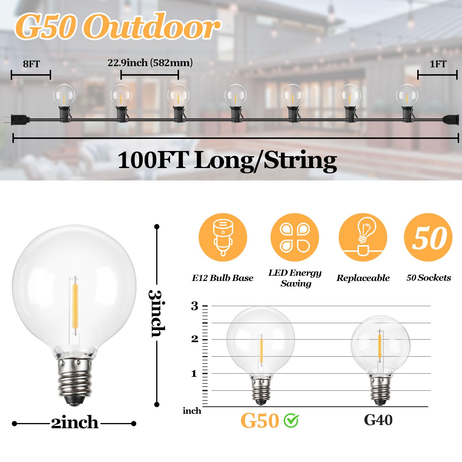 100Ft Outdoor G50 Led Globe String Lights Dimmable Waterproof Shatterproof Light Strings With 52 Bulbs Connectable Commercial Hanging Lights For Christmas Patio House Backyard Balcony Party