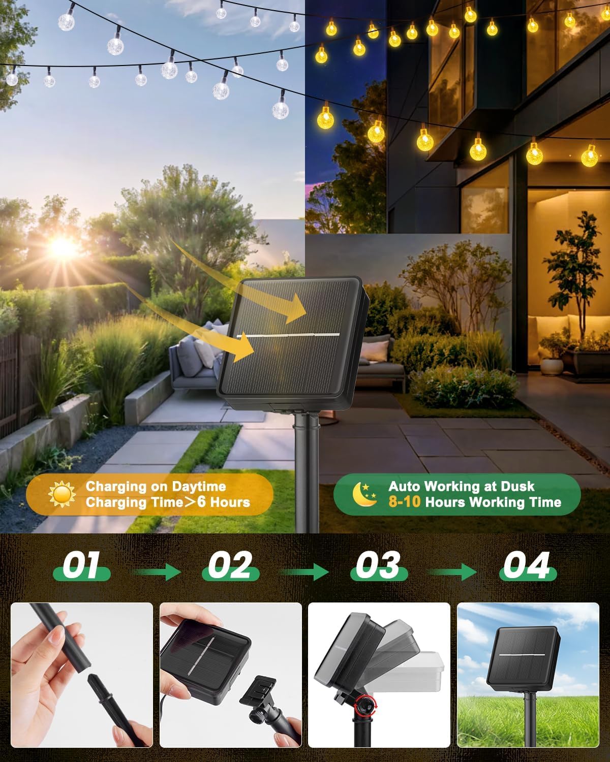 Solar String Lights Outdoor Waterproof  2 Pack 60 Led 36.5 Ft Each  Solar Powered Patio Lights With 8 Lighting Modes For Garden Yard Porch Wedding Party Decor (Warm White)