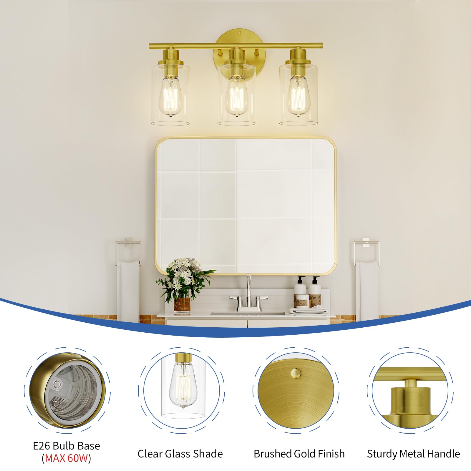 GORDNWE 3-Light Vanity Light Fixtures, Brushed Gold, E26 Bulb Base, Metal, Farmhouse Style, Model J0020