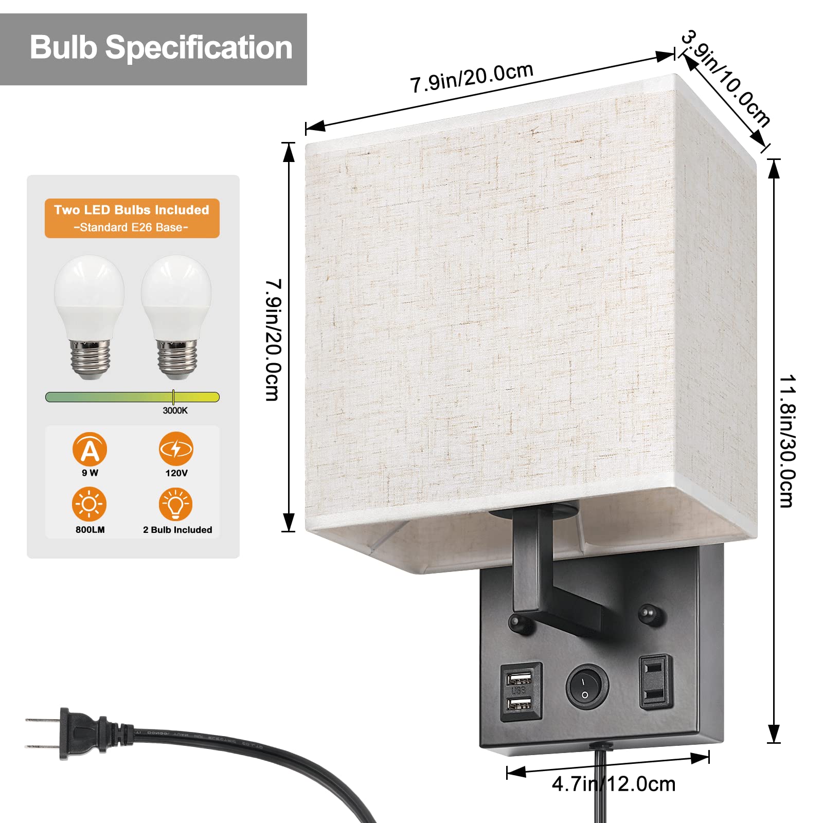 CADUKE Wall Lamp Set of 2, Black Brushed Nickel Sconces with USB Port & AC Outlet, E26 LED Bulb Included, Modern Design for Living Room/Office