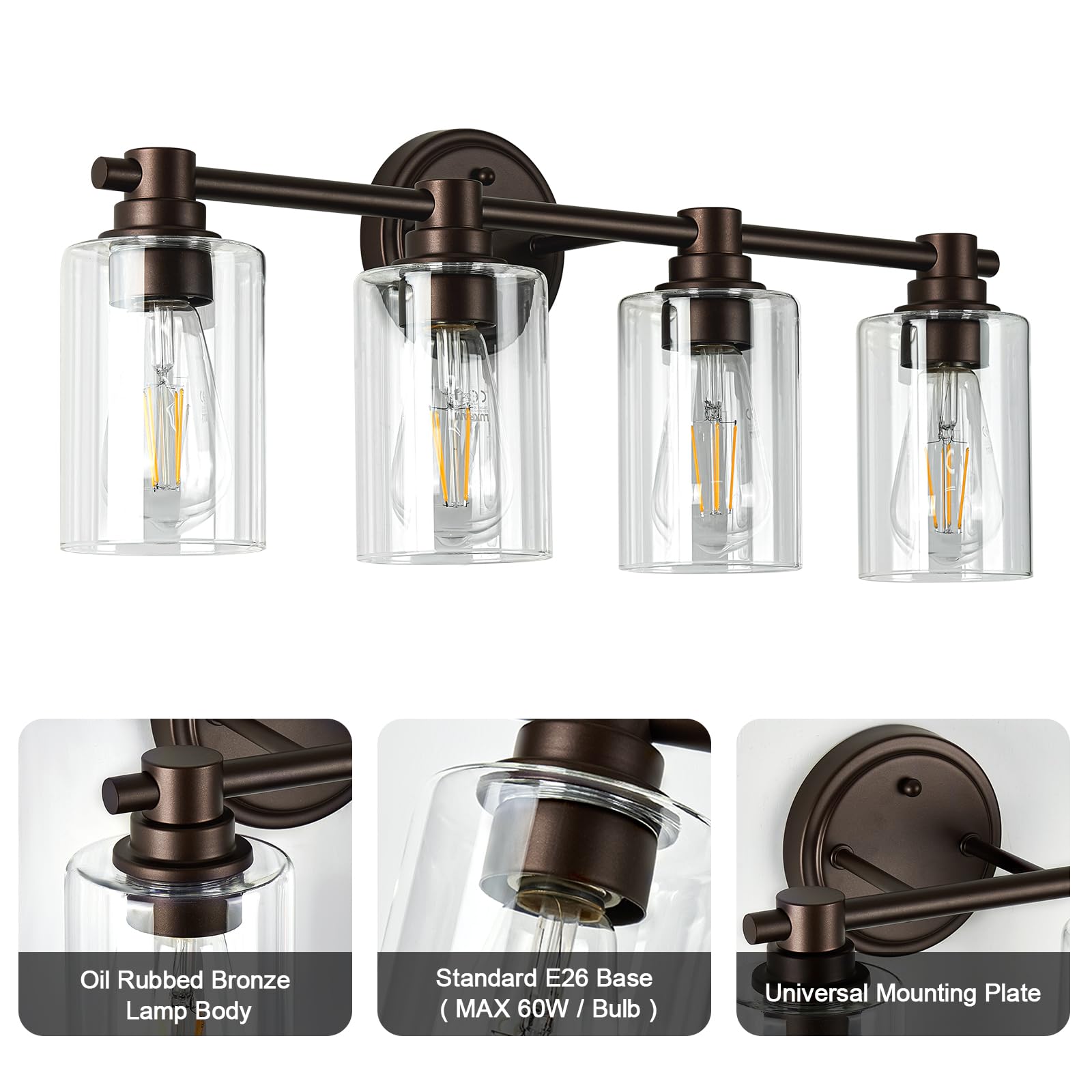 Alaislyc 4-Light Bathroom Wall Sconce, Oil-Rubbed Bronze With Clear Glass For Vanity & Living Room