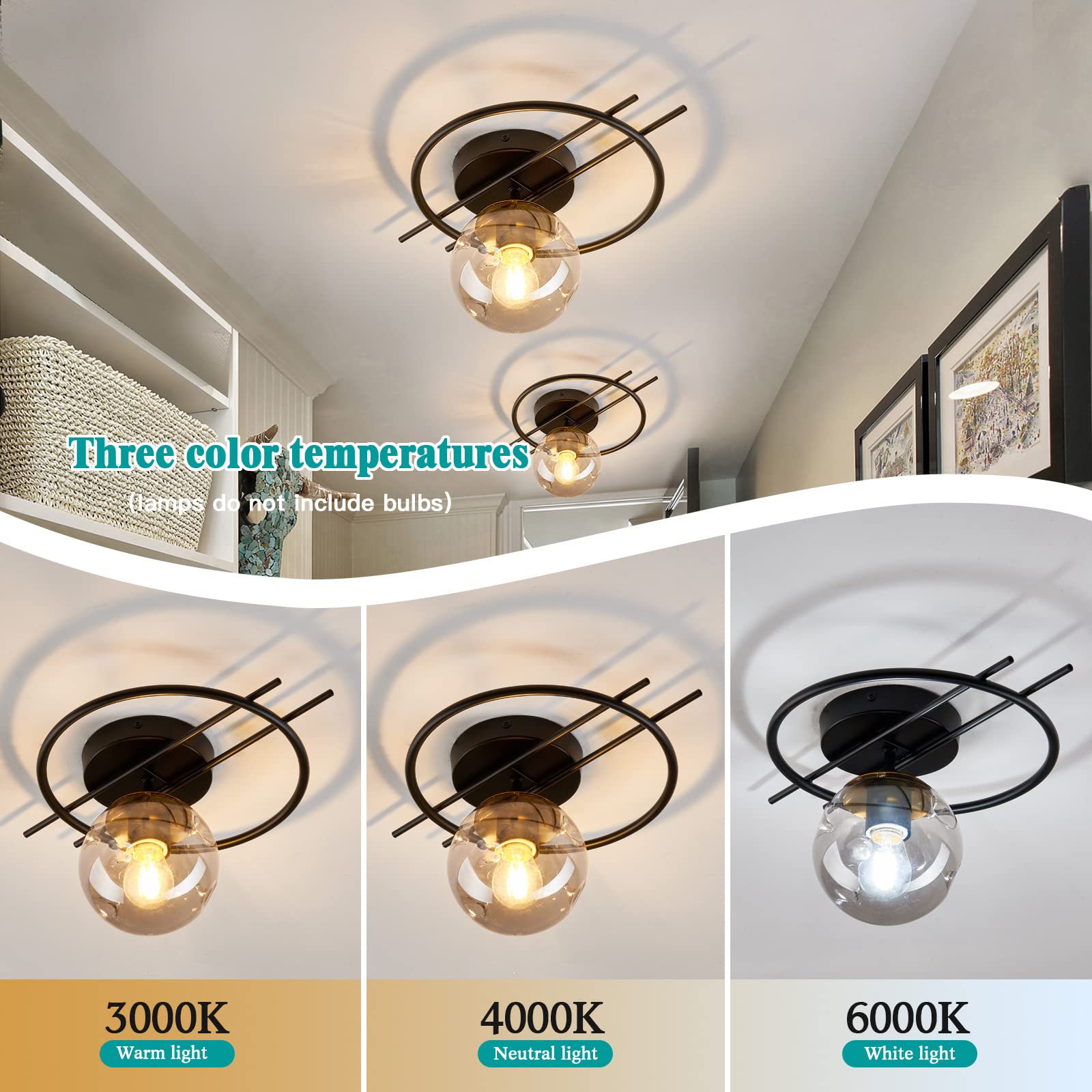 Matte Black & Gold Finish Semi Flush Mount Ceiling Light Fixture Mid Century Modern Chandelier With Glass Globe Small Indoor Lighting For Kitchen Hallway Bathroom Bedroom Closet Farmhouse Proch.