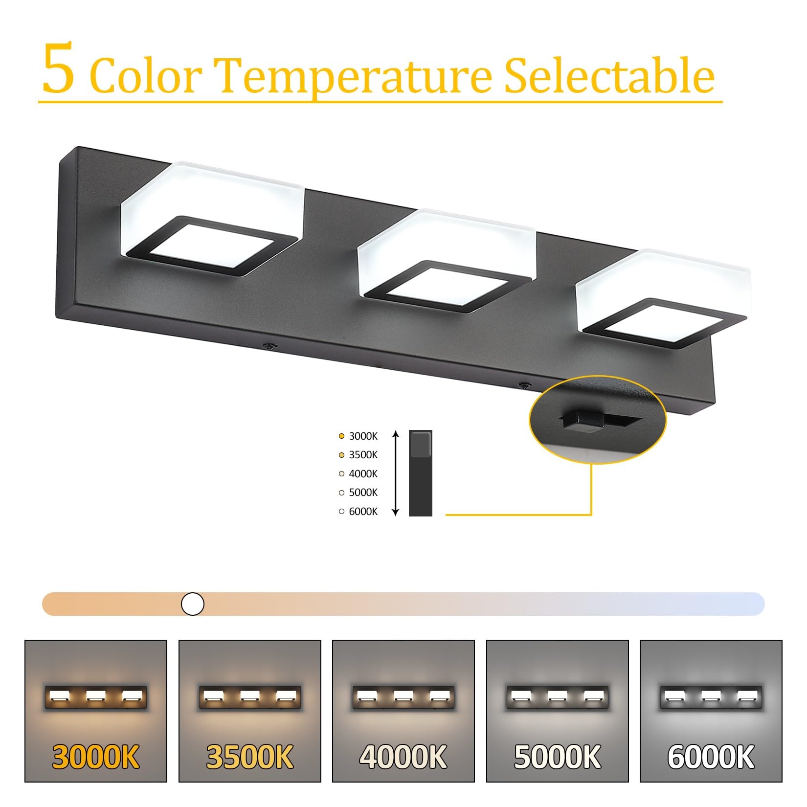 Ralbay Modern LED Bathroom Vanity Lights, 3 Lights, Dimmable, Black, 20 inch, Aluminum, 8590-5 Color Temperature