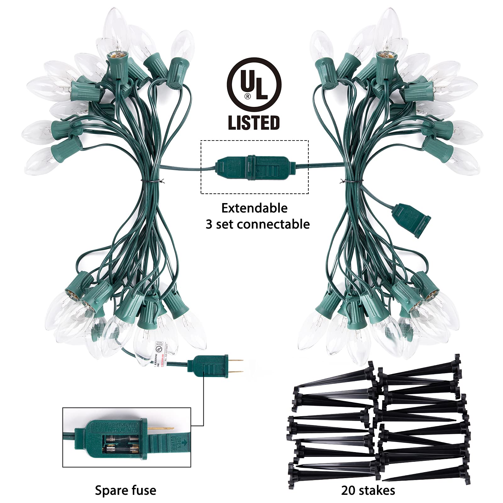 Brightown C9 Christmas Pathway String Lights, 25.7ft, 40 Clear Waterproof Lights, UL Listed, Warm White, Model GY-C-50.6-U-B1