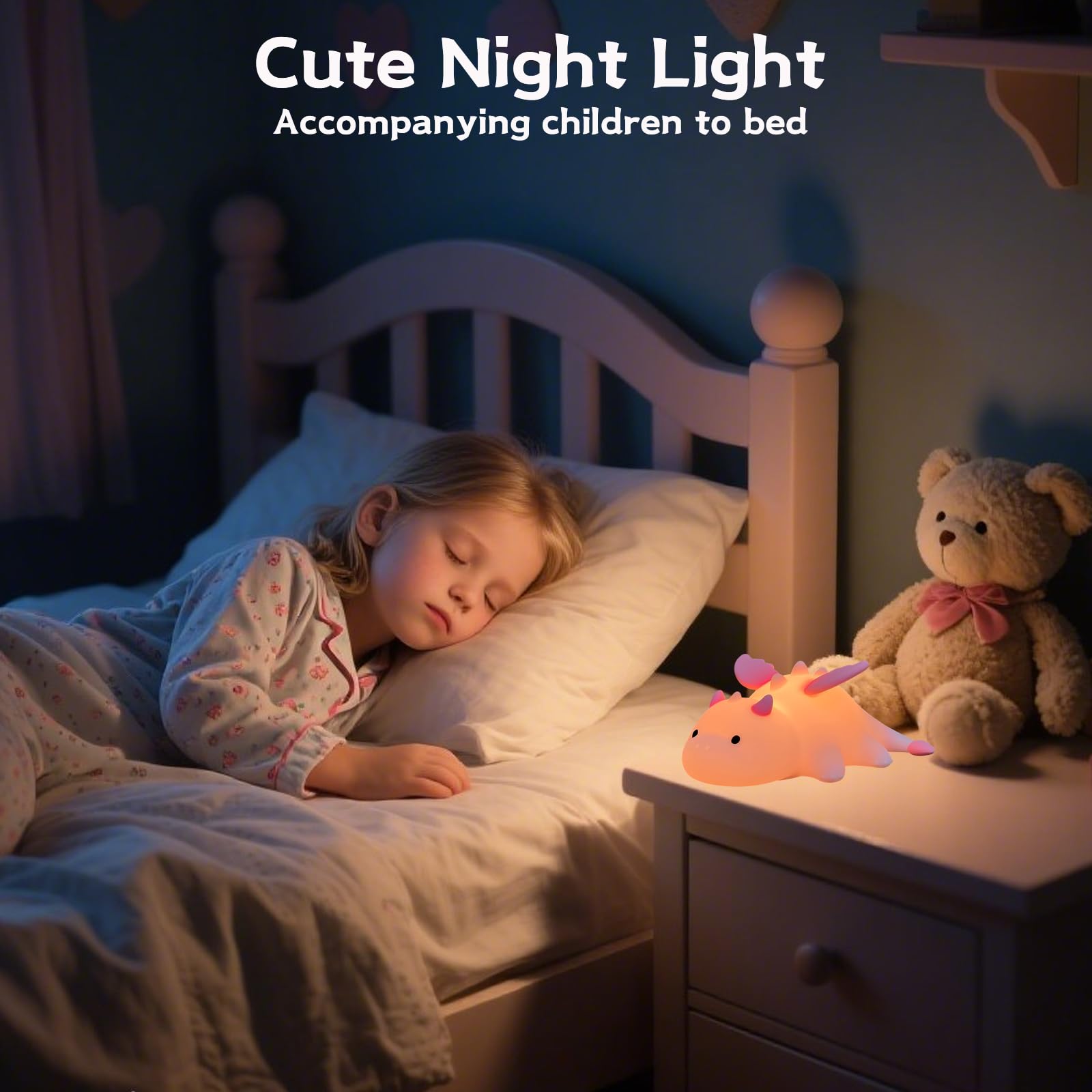 Milk Dragon Night Light for Kids, Cute Dinosaur Lamp Gifts for Boys and Girls, Dimmable Silicone Animal Magnetic Bedside Lamp, R