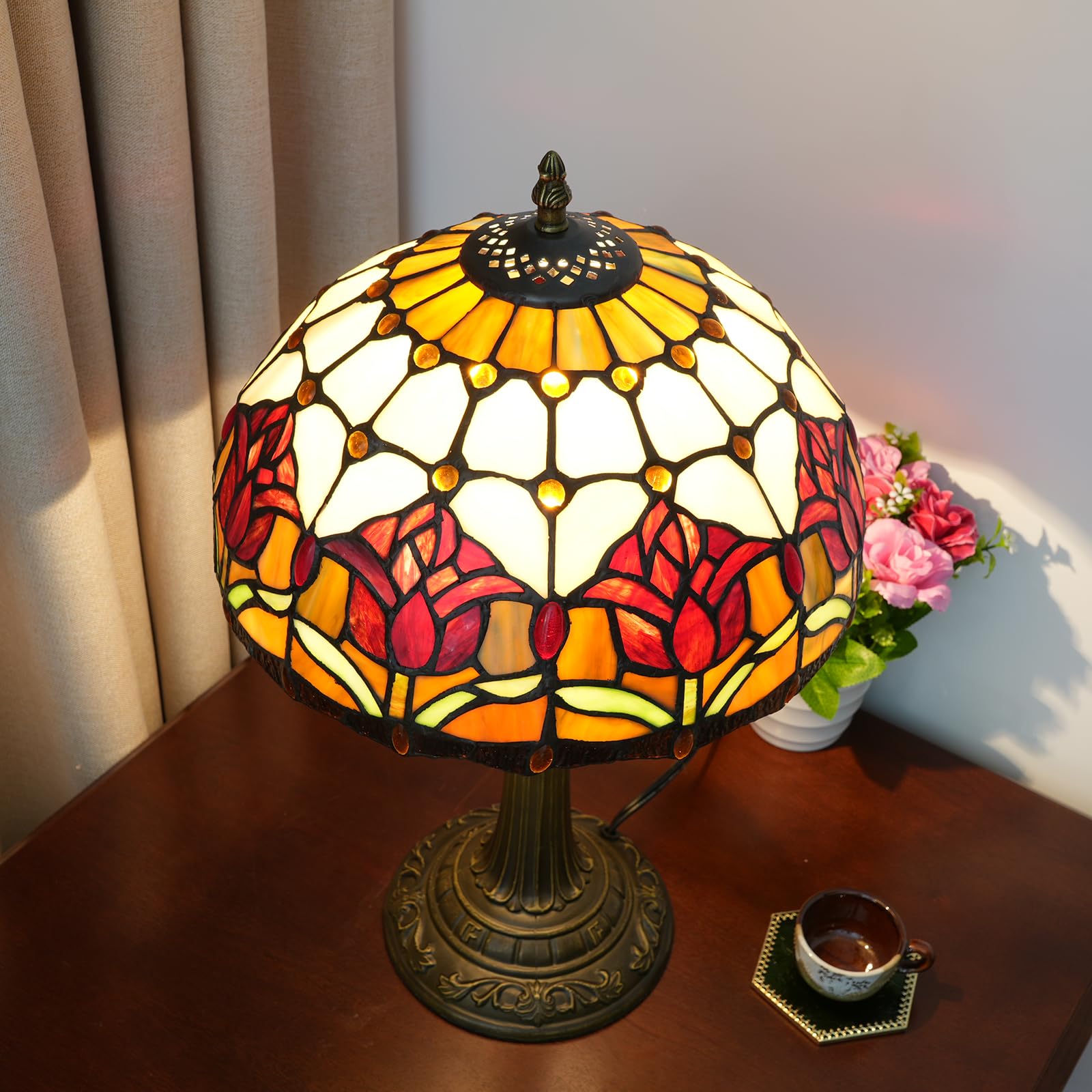 Blivuself Red Tulip Tiffany Style Stained Glass Table Lamp Bed Room Bedside Reading Desk Light For Living Office Dormitory Bar R