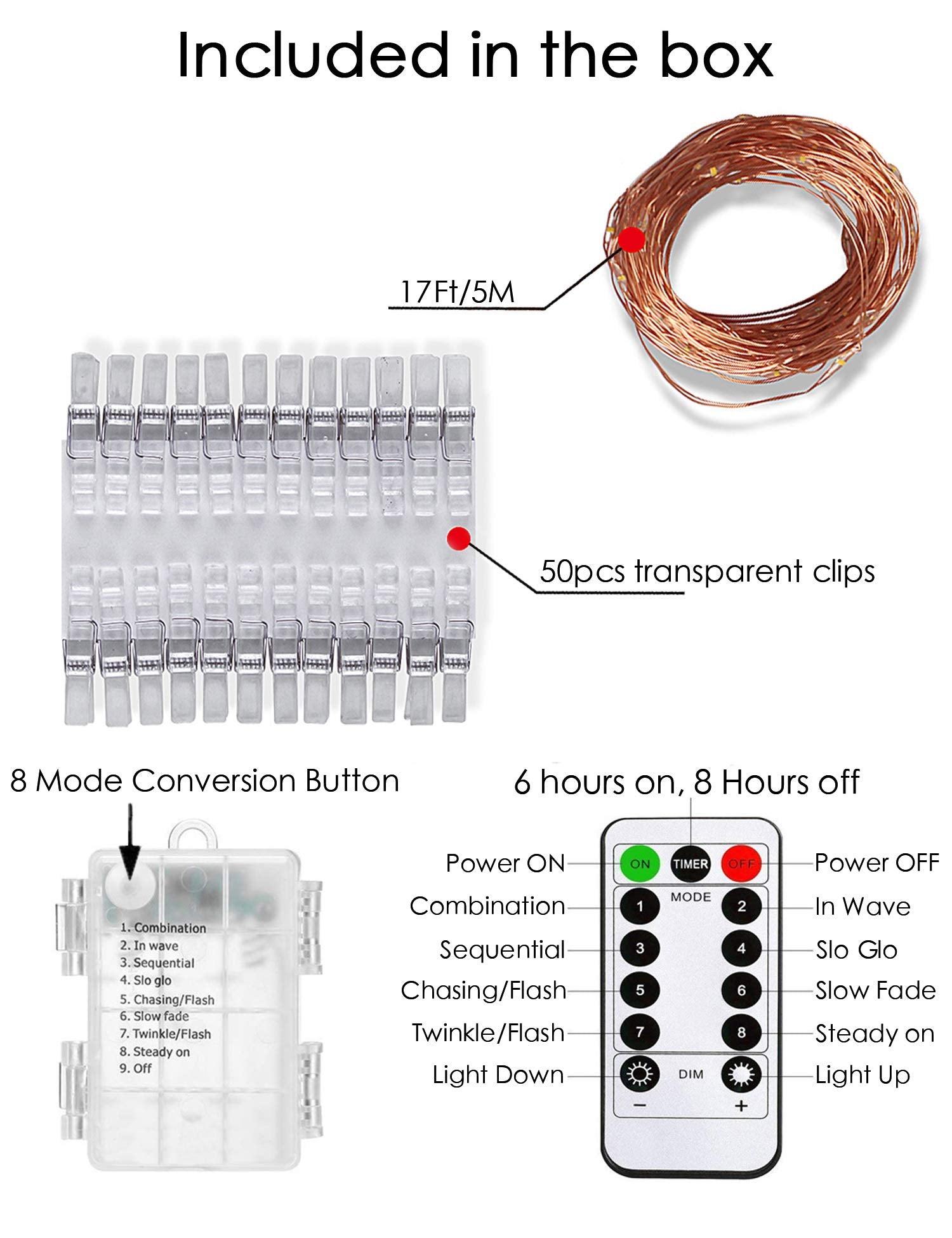 LECLSTAR 50 LED Photo Clips String Lights, 17ft Fairy Lights with Remote, 8 Modes, Plastic, Perfect for Photos and Cards