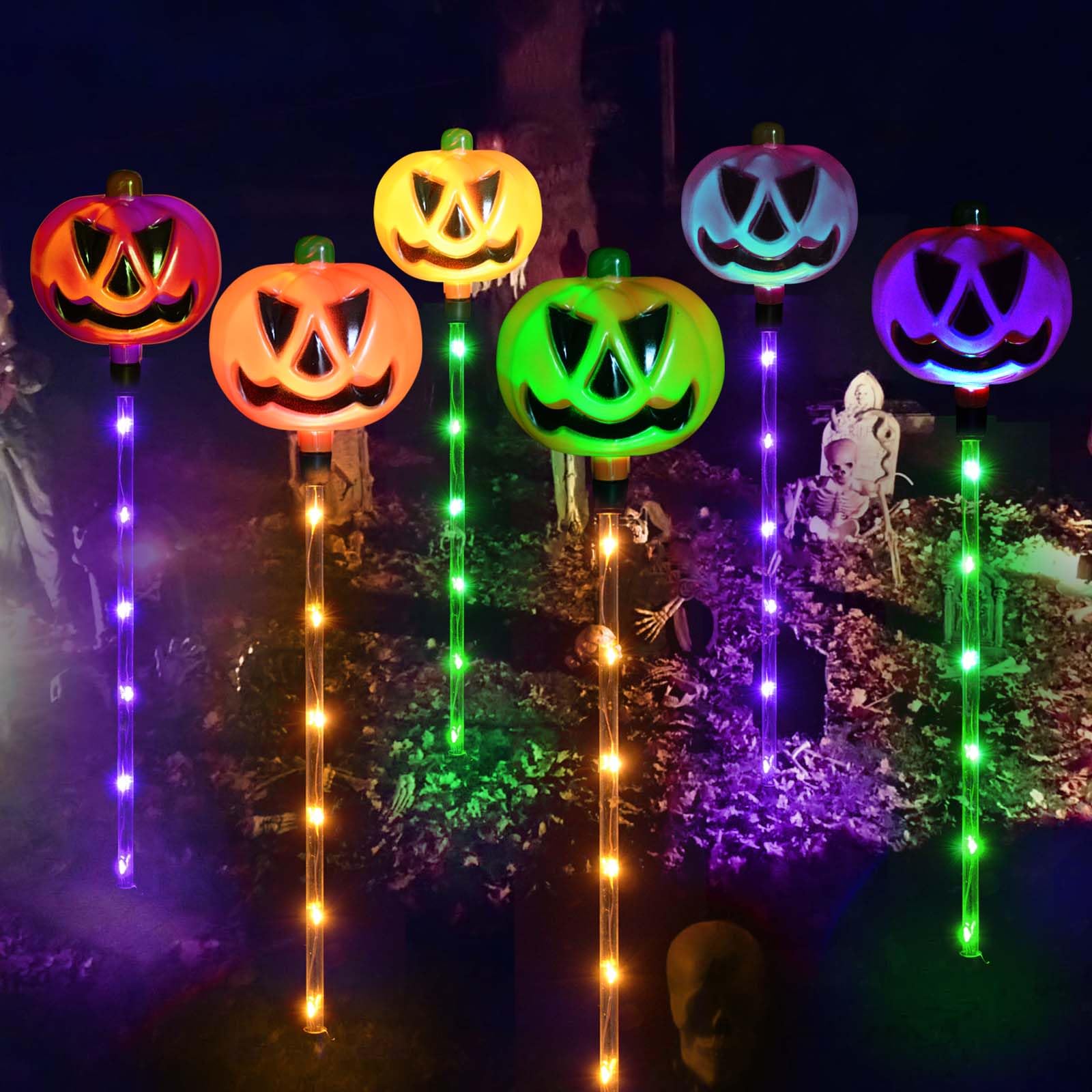 Janchs 6-Pack Solar Halloween Pumpkin Garden Stake Lights - Waterproof Outdoor Decor