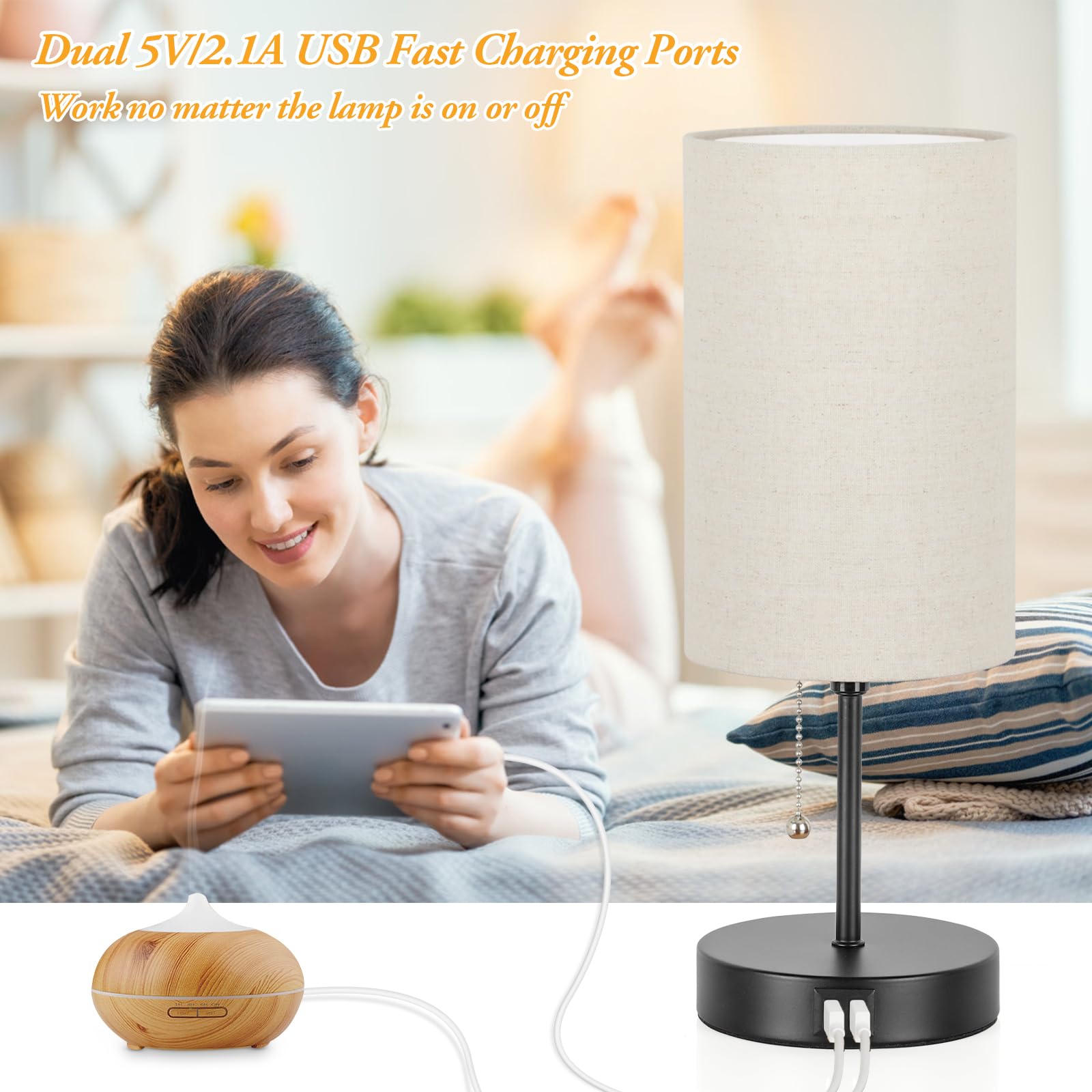2 Sets Table Lamps With 2 Usb, Minimalist Beside Lamps For Bedroom, Nightstand Lamps With Pull Chain, Desk Lamps With Cream Fabr