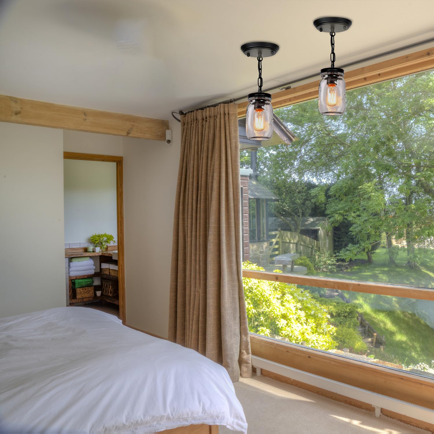 Jasopaco Glass Mason Jar Light Fixtures Single Pendant Ceiling Light 1-Light Flush Mount Black Country Farmhouse Lights For Kitc