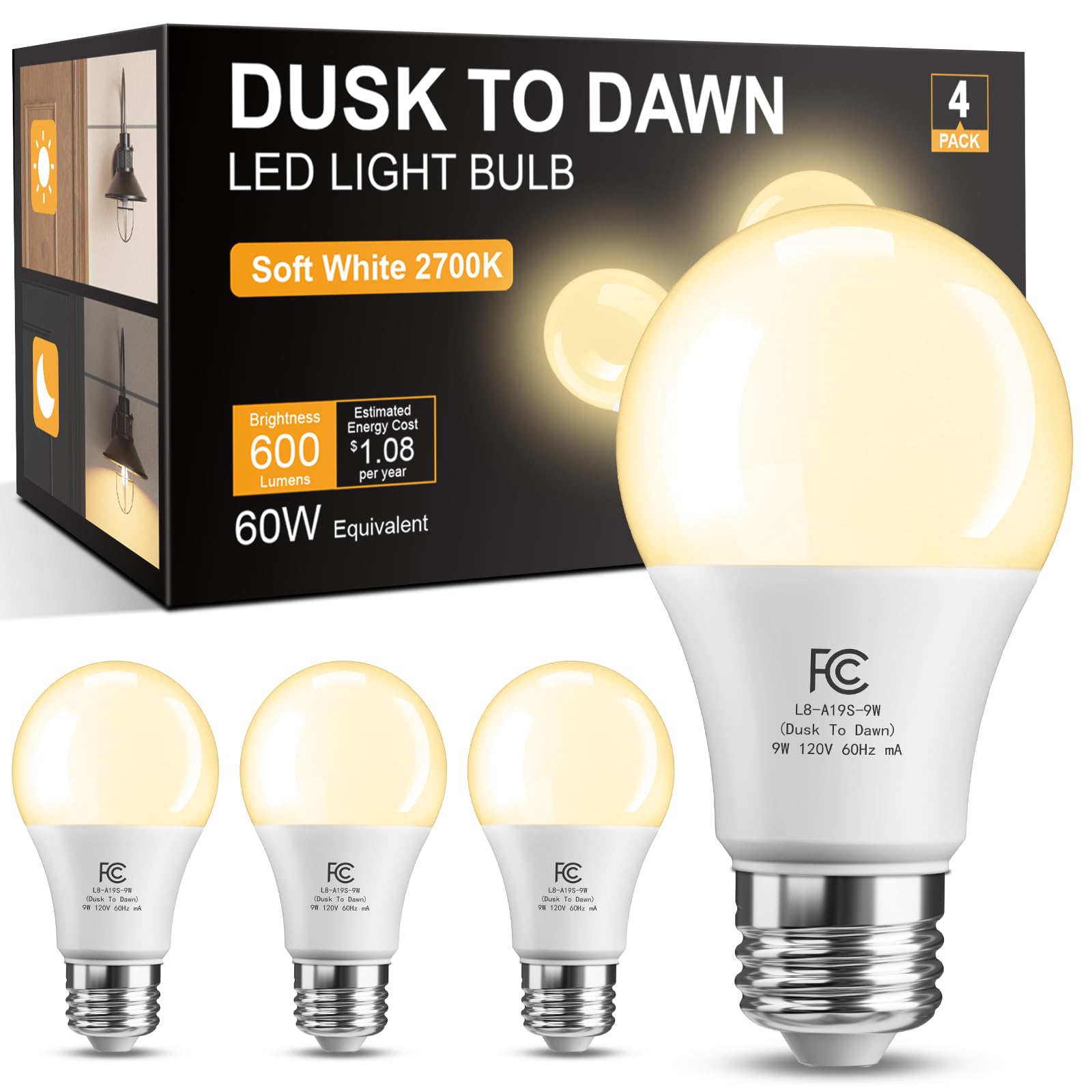 TJOY Dusk to Dawn Light Bulbs, LED Light Sensor, 9W, E26 Base, Soft White 2700K, 4 Pack