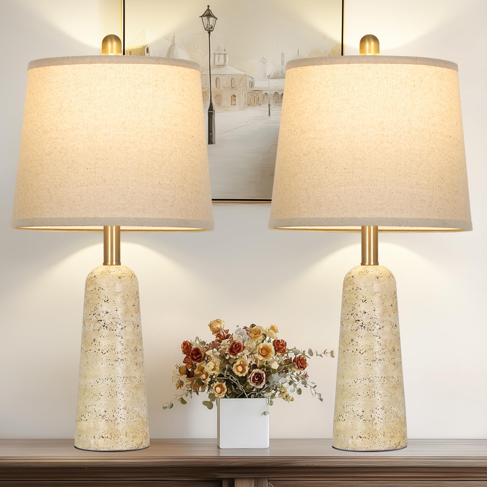 Rinweey 24 Travertine Inspired Table Lamps Set of 2, Modern Minimalist Concrete Bedside Lamps for Bedroom Nightstand, Faux Stone
