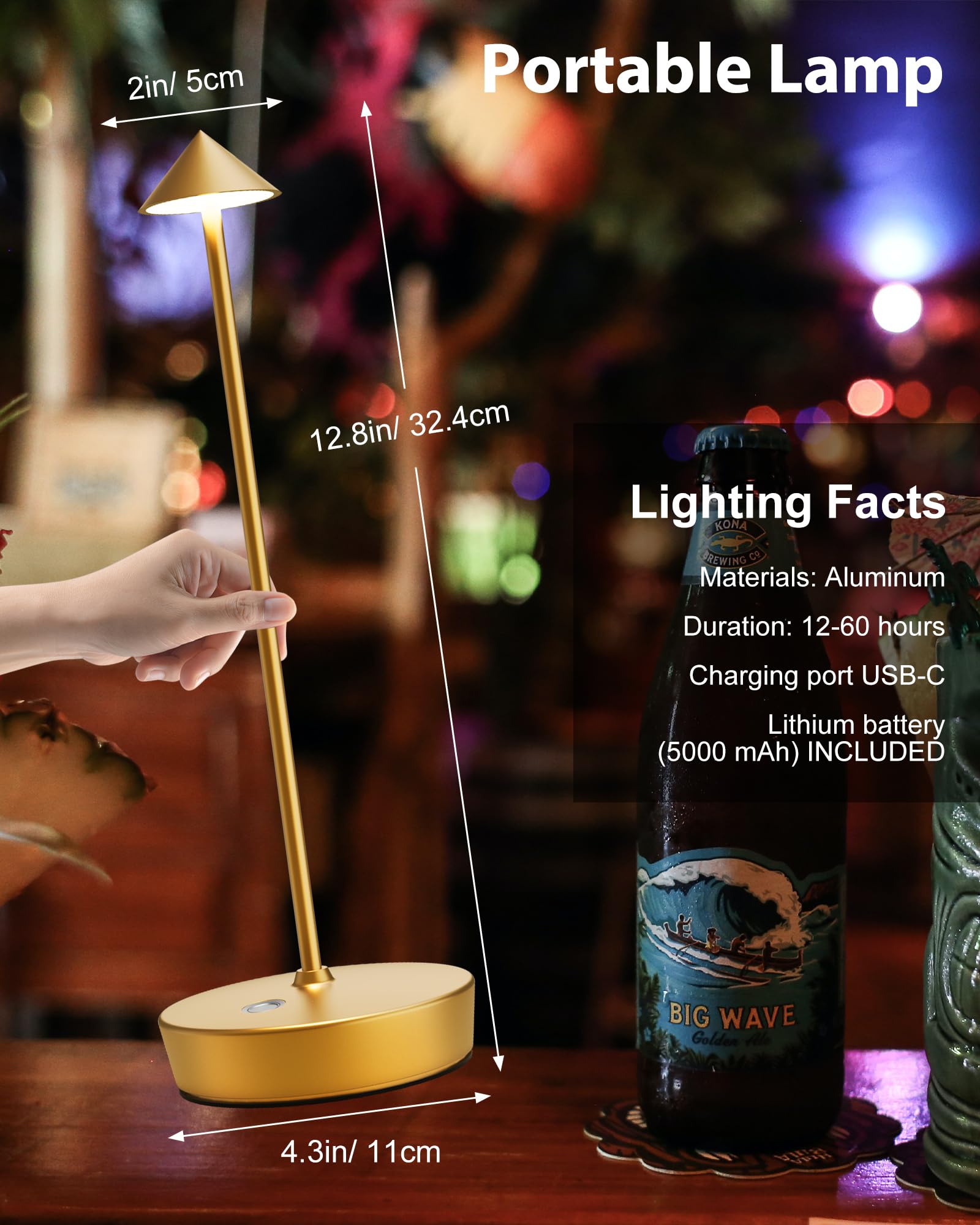 Shangcai Cordless Table Lamps Rechargeable  6000Mah Battery Operated Led Desk Lamp Outdoor Waterproof Portable Touch Dimmable Table Night Light For Patio Restaurant Dining Home Gold