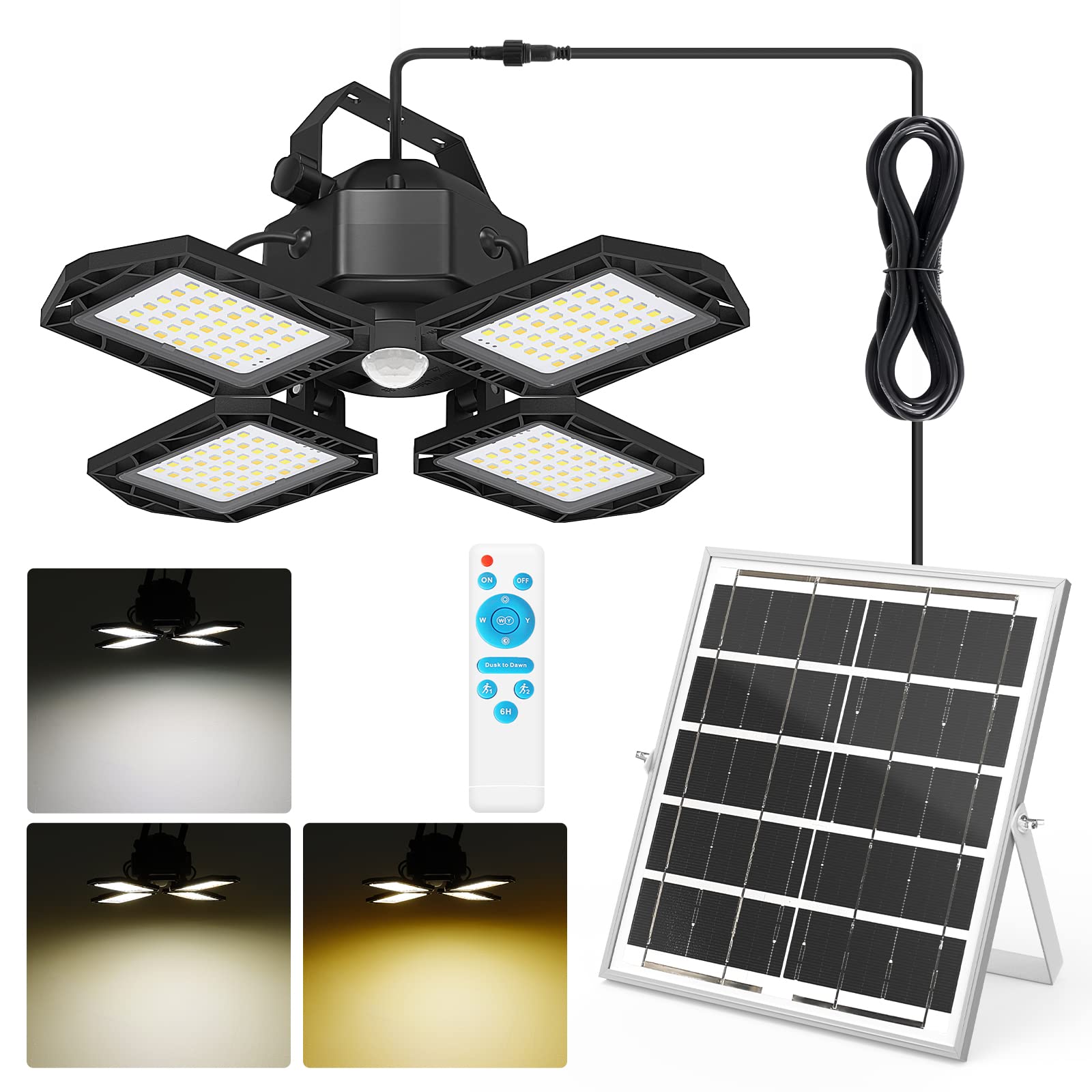 NIORSUN Solar Outdoor Lights Solar Lights Indoor Motion Sensor Pendant Light 3 Colors 4-Leaf 4 Modes with Remote  16.4ft Wire Waterproof Security Lamp for Garage Shed Home Barn Shop Gazebo(1 Pack)