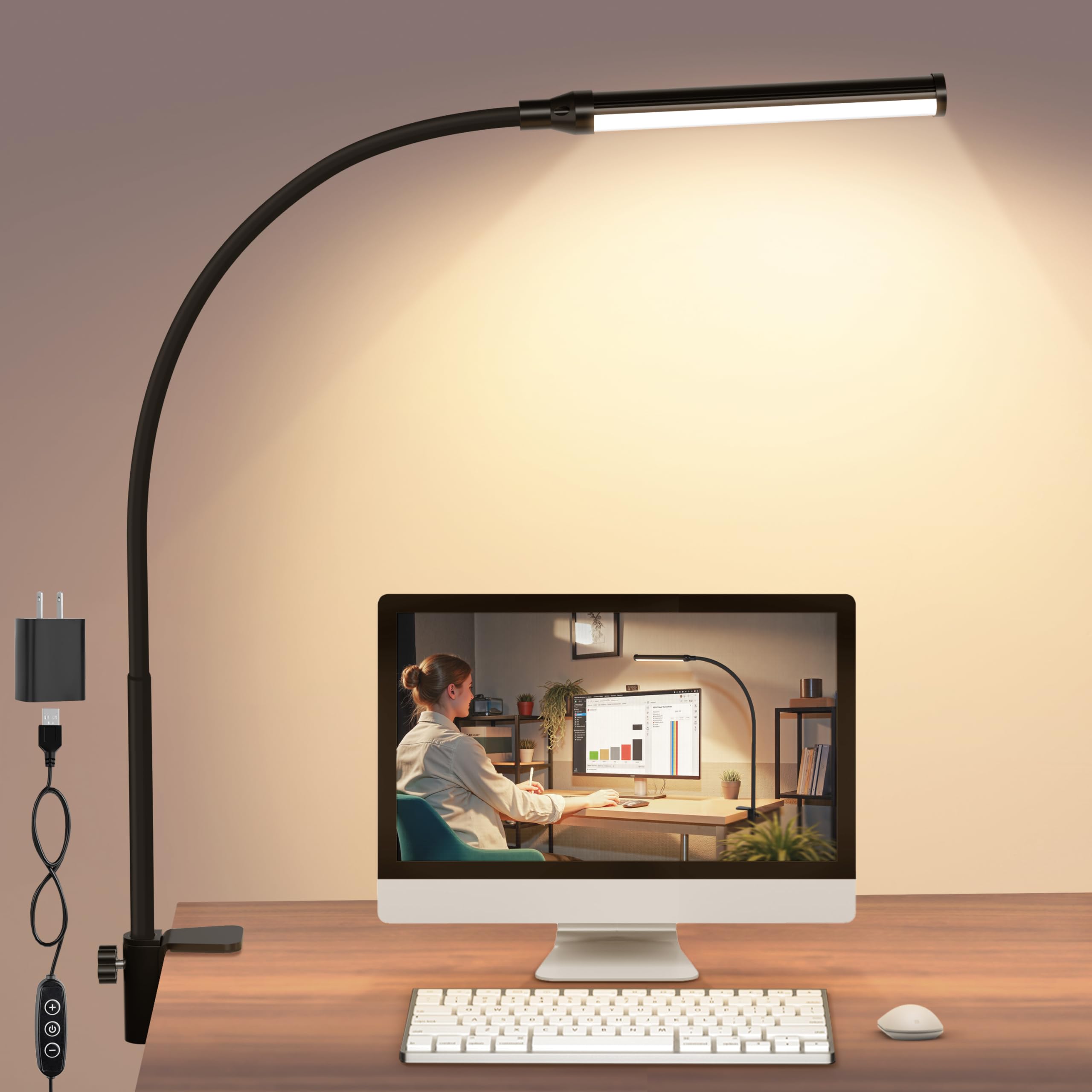 Shinetech Led Desk Lamp With Clamp, 3000K Warm White 11 Brightness Level Eye-Caring Clip Lights For Home Office, Flexible Goosen